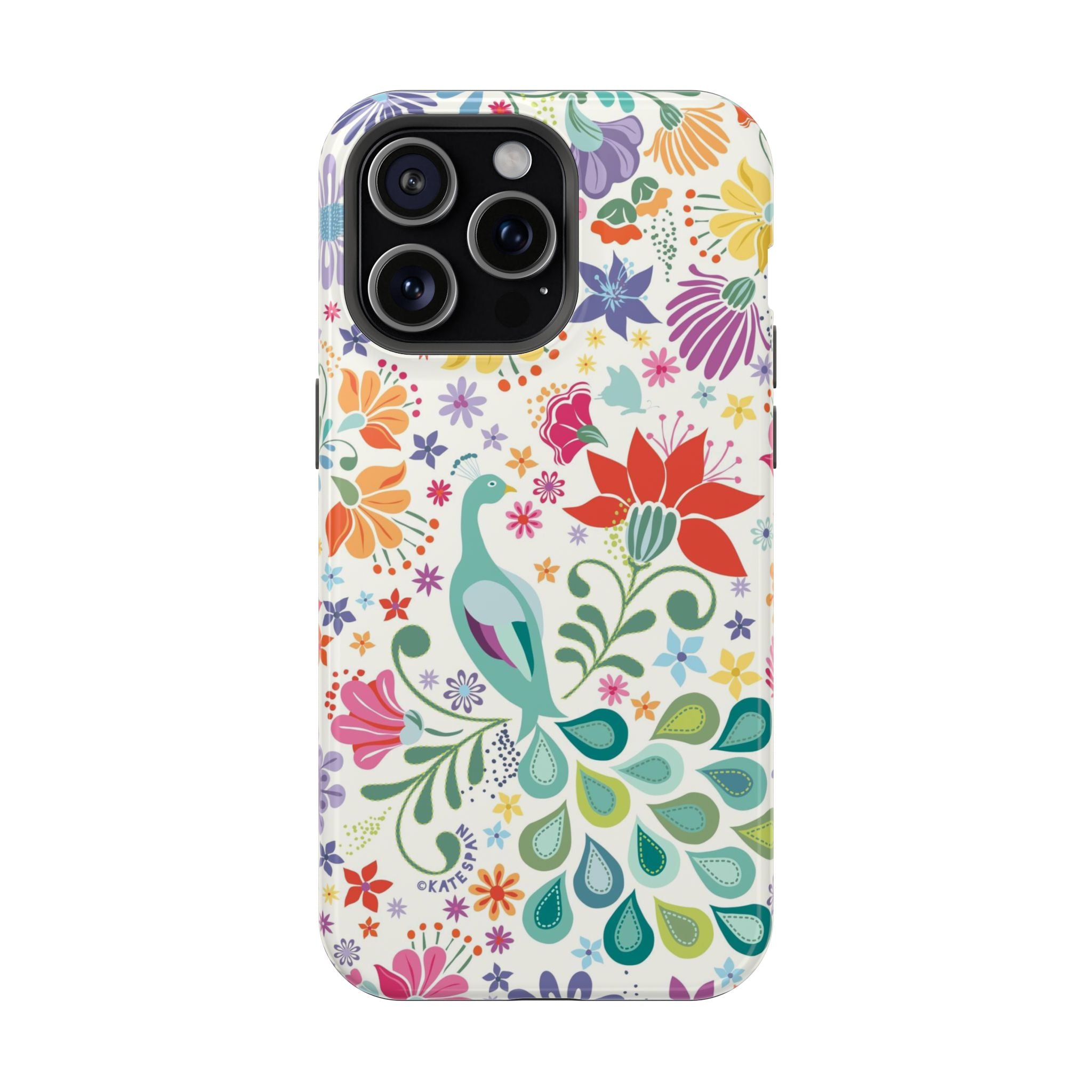 Peacock Sanctuary MagSafe iPhone 15 Pro Max Case – Glossy | ivory, teal, navy peacock botanical print MagSafe compatible, dual-layer protection