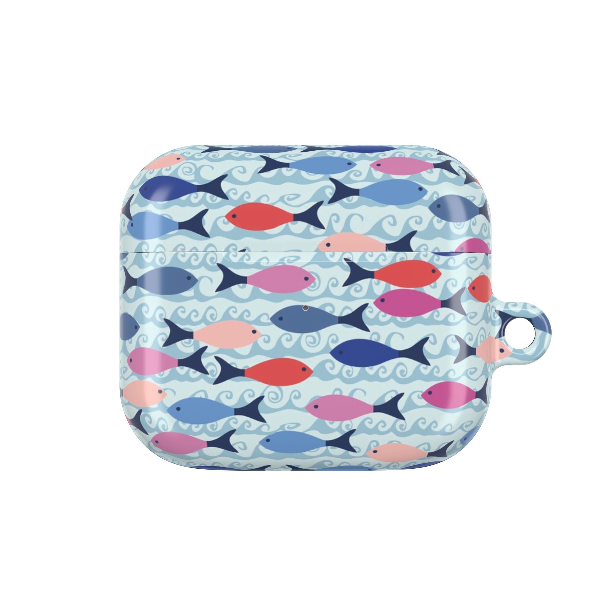 Minnows AirPods Gen 3 Case – Glossy | light blue, navy and multicolor fish print, wave pattern | polycarbonate shell with carabiner
