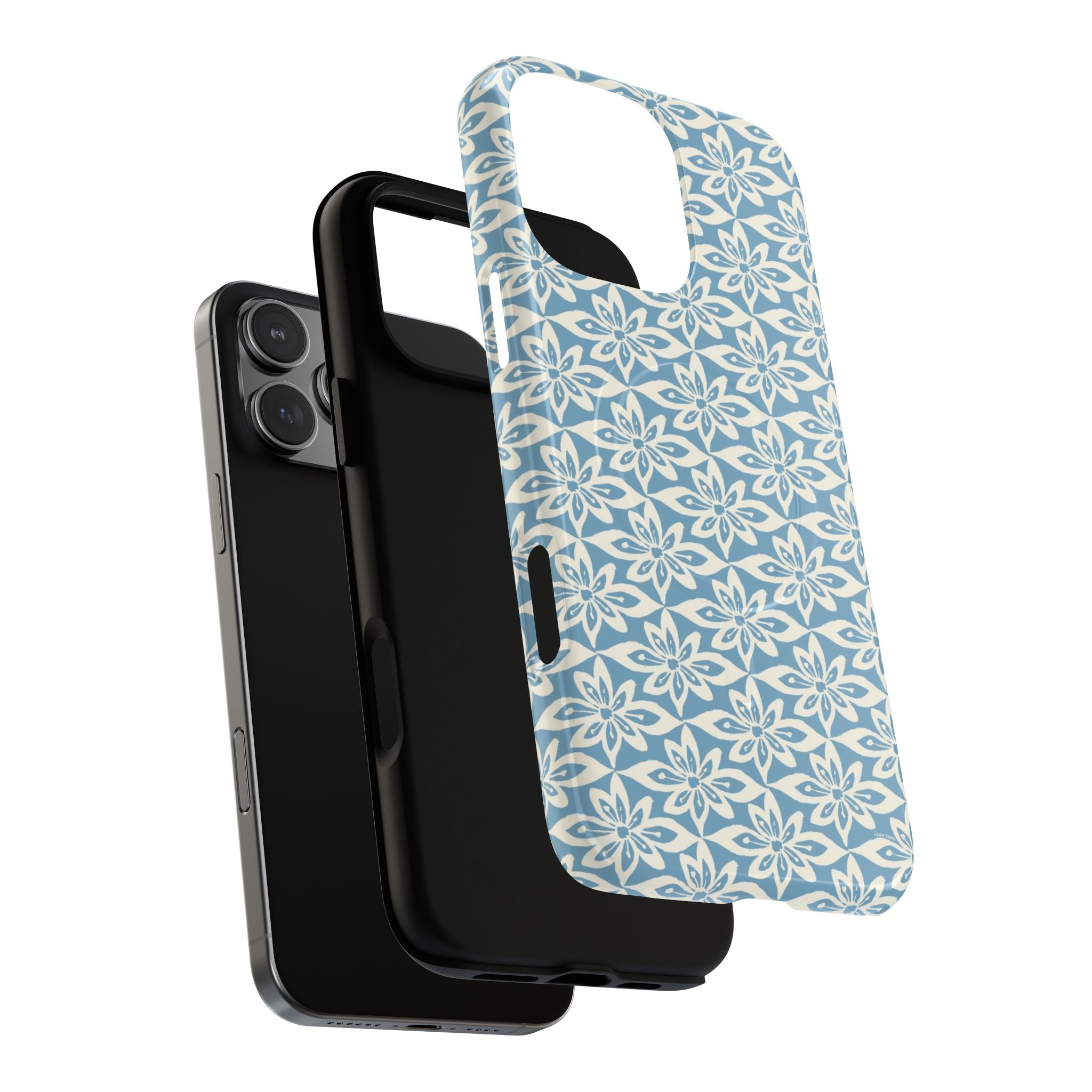 Lily Blue MagSafe iPhone 16 Pro Max Case – Glossy | angled view showing camera cutout and buttons — botanical MagSafe case by Kate Spain