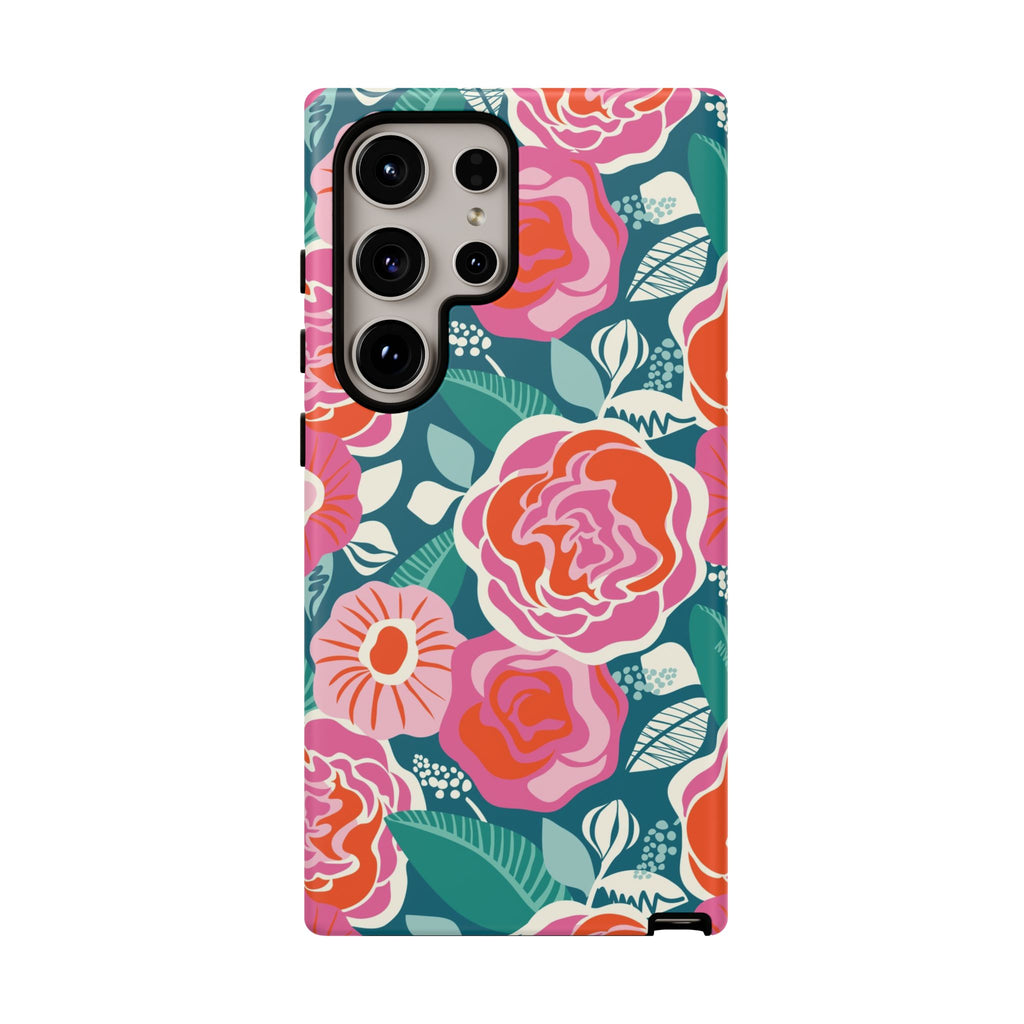 Luxury Tea Rose Teal Samsung Galaxy S25 Case – Glossy | teal, coral, pink botanical rose floral print
