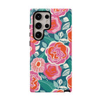 Luxury Tea Rose Teal Samsung Galaxy S25 Case – Glossy | teal, coral, pink botanical rose floral print