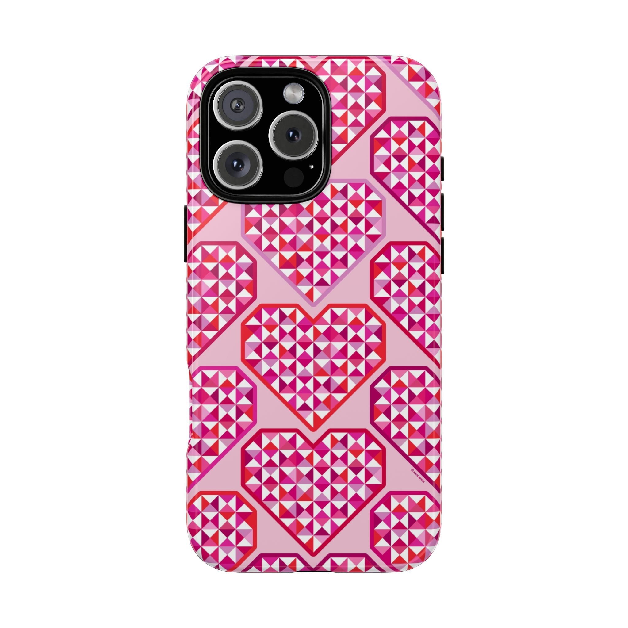 Pink Pyramid Heart Tough iPhone 16 Pro Case – Matte | blush, pink, magenta, red geometric pyramid heart print