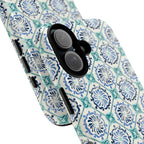 Horizon Blue Tile Tough iPhone 17 Case – Glossy, angled close-up of camera and buttons | blue, turquoise, cream white dual-layer protection