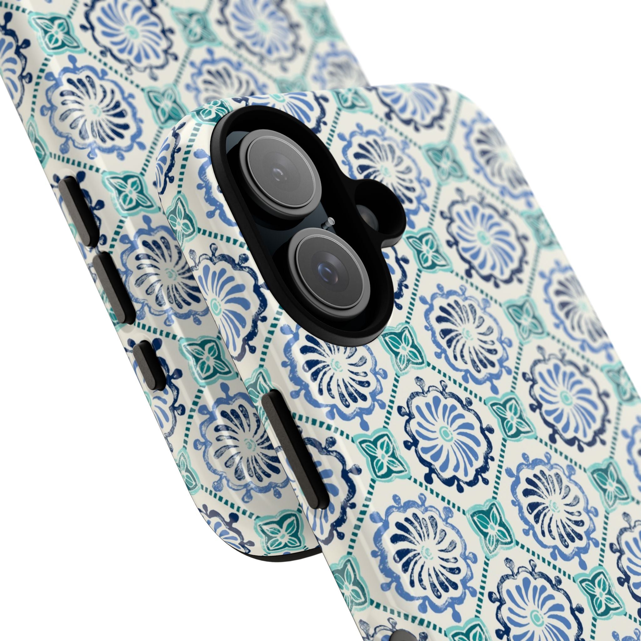 Horizon Blue Tile Tough iPhone 17 Case – Glossy, angled close-up of camera and buttons | blue, turquoise, cream white dual-layer protection