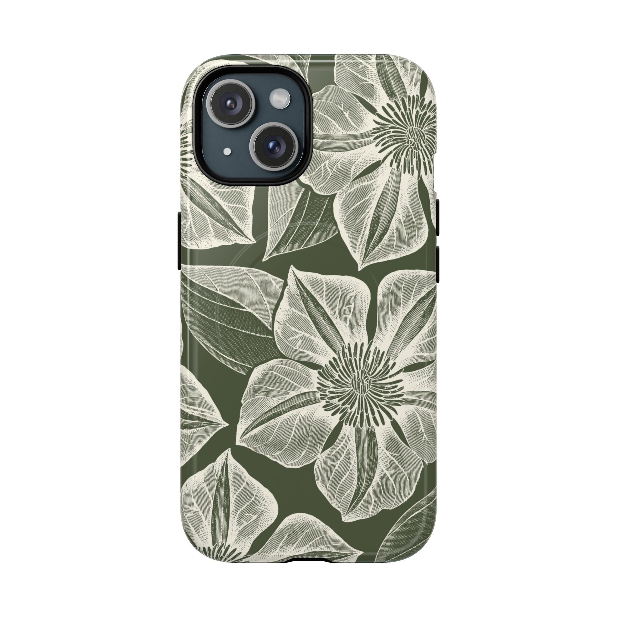Vintage Bloom Cypress MagSafe iPhone 15 – Glossy | cypress green ground, large-scale white clematis print, engraved petal detail, dual-layer protection