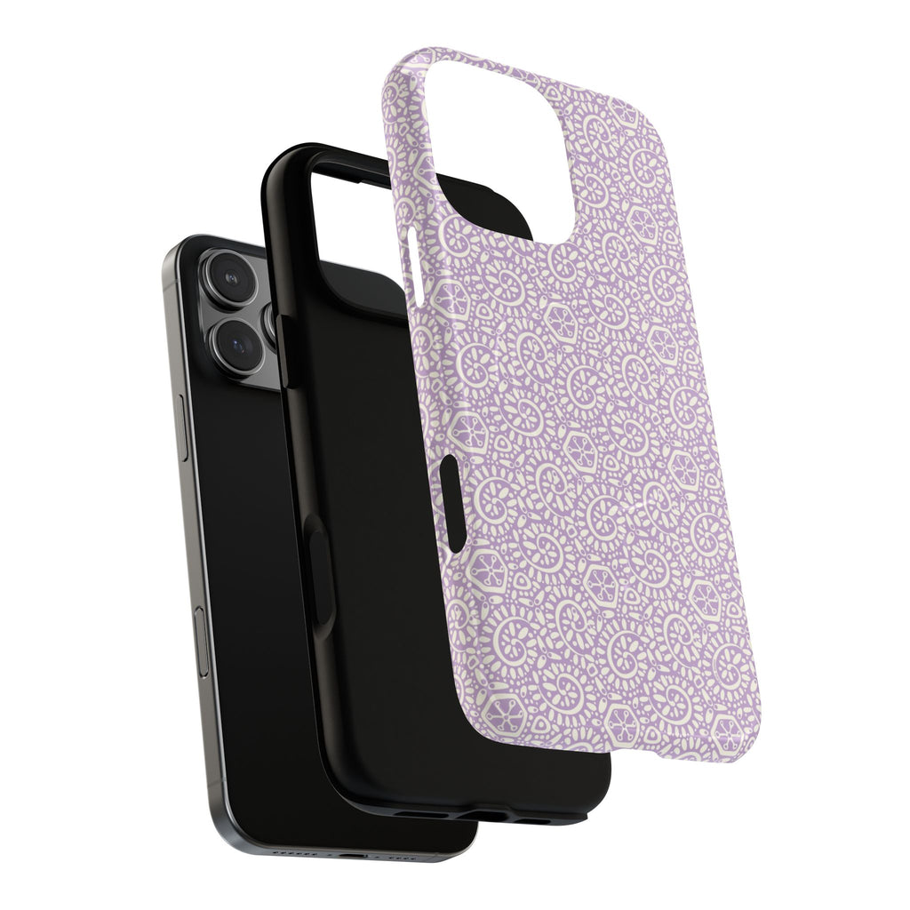 Canto Swirls Lavender MagSafe iPhone 16 Pro Max Glossy Case — dual-layer construction detail showing protective inner and outer layers; lavender folk-art medallion pattern
