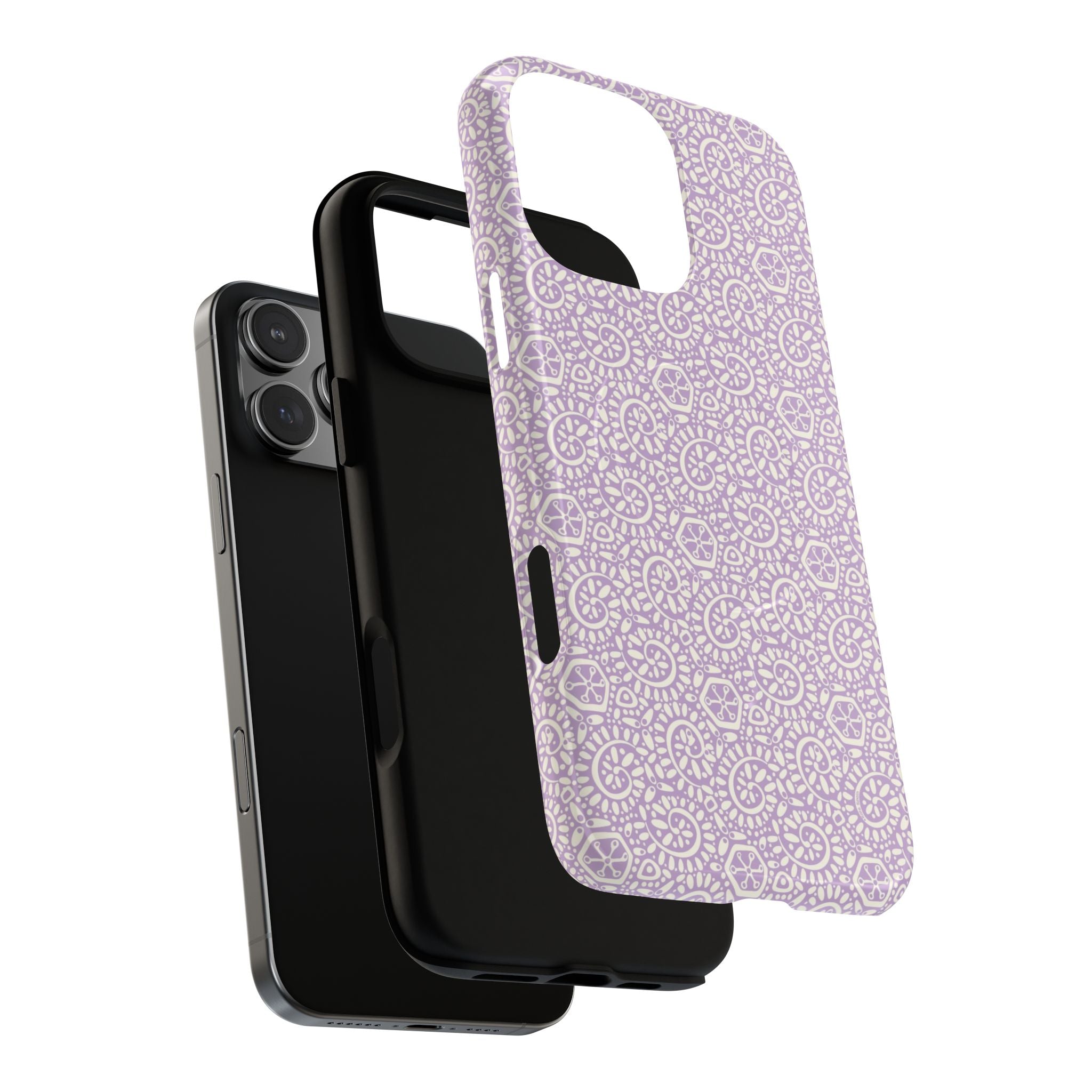 Canto Swirls Lavender MagSafe iPhone 16 Pro Max Glossy Case — dual-layer construction detail showing protective inner and outer layers; lavender folk-art medallion pattern