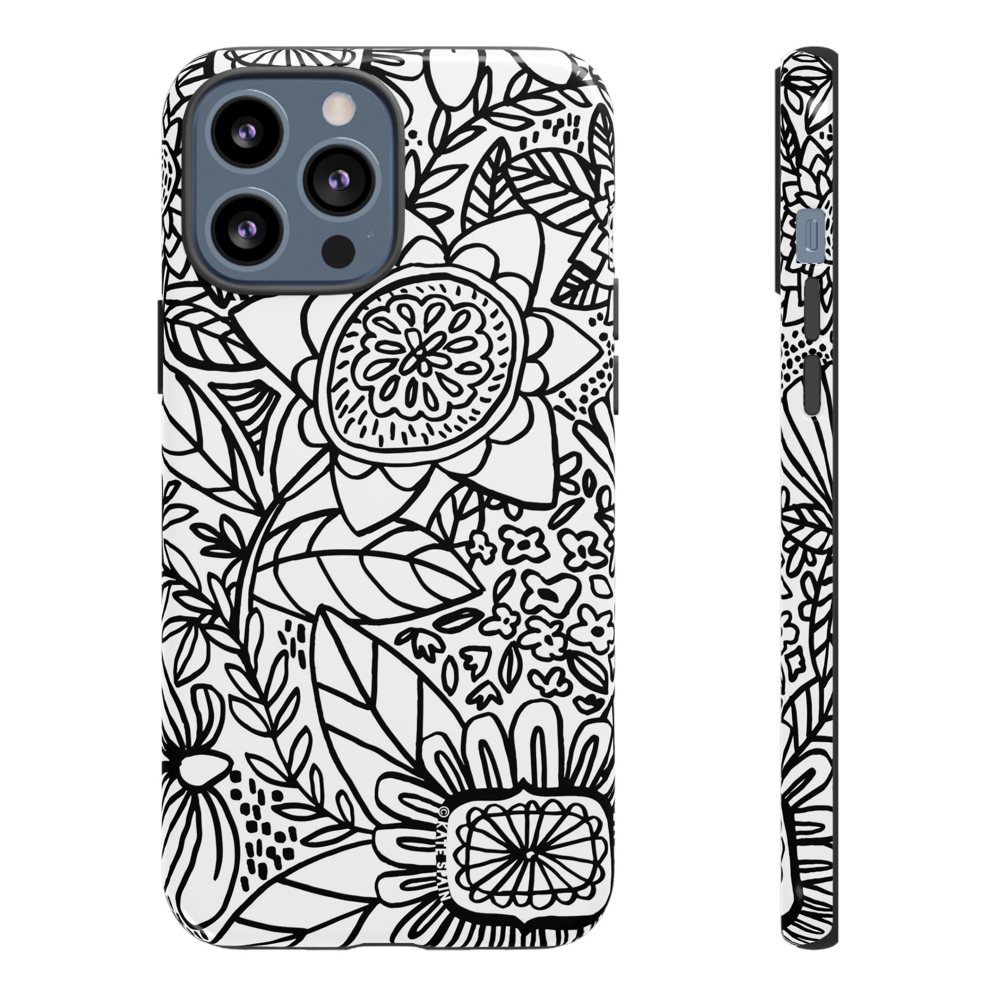 Esprit Tough iPhone 13 Pro Max Case – Glossy | white, black botanical line art floral print