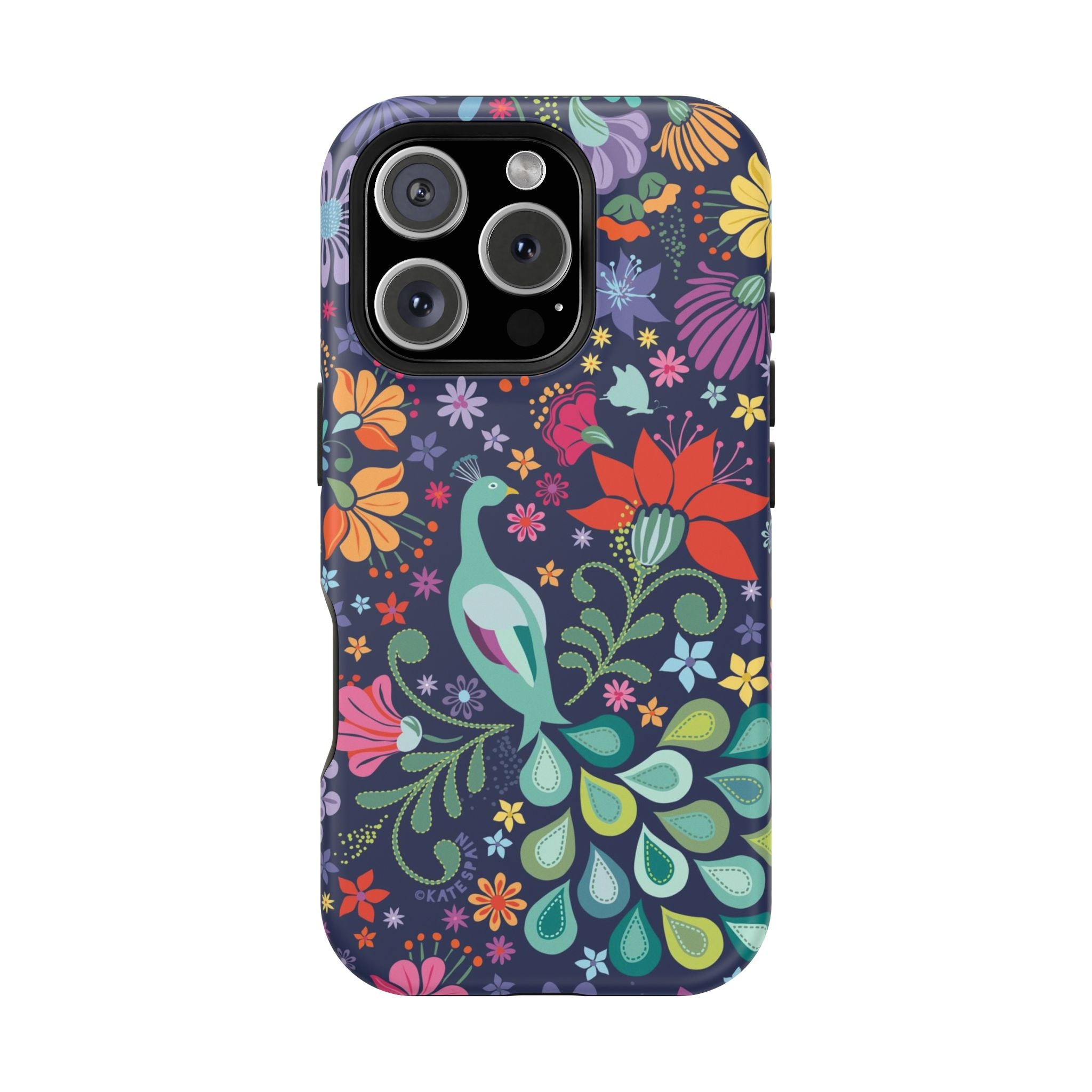 Peacock Sanctuary MagSafe iPhone 16 Pro Case – Glossy | navy, teal, ivory peacock botanical print MagSafe compatible, dual-layer protection