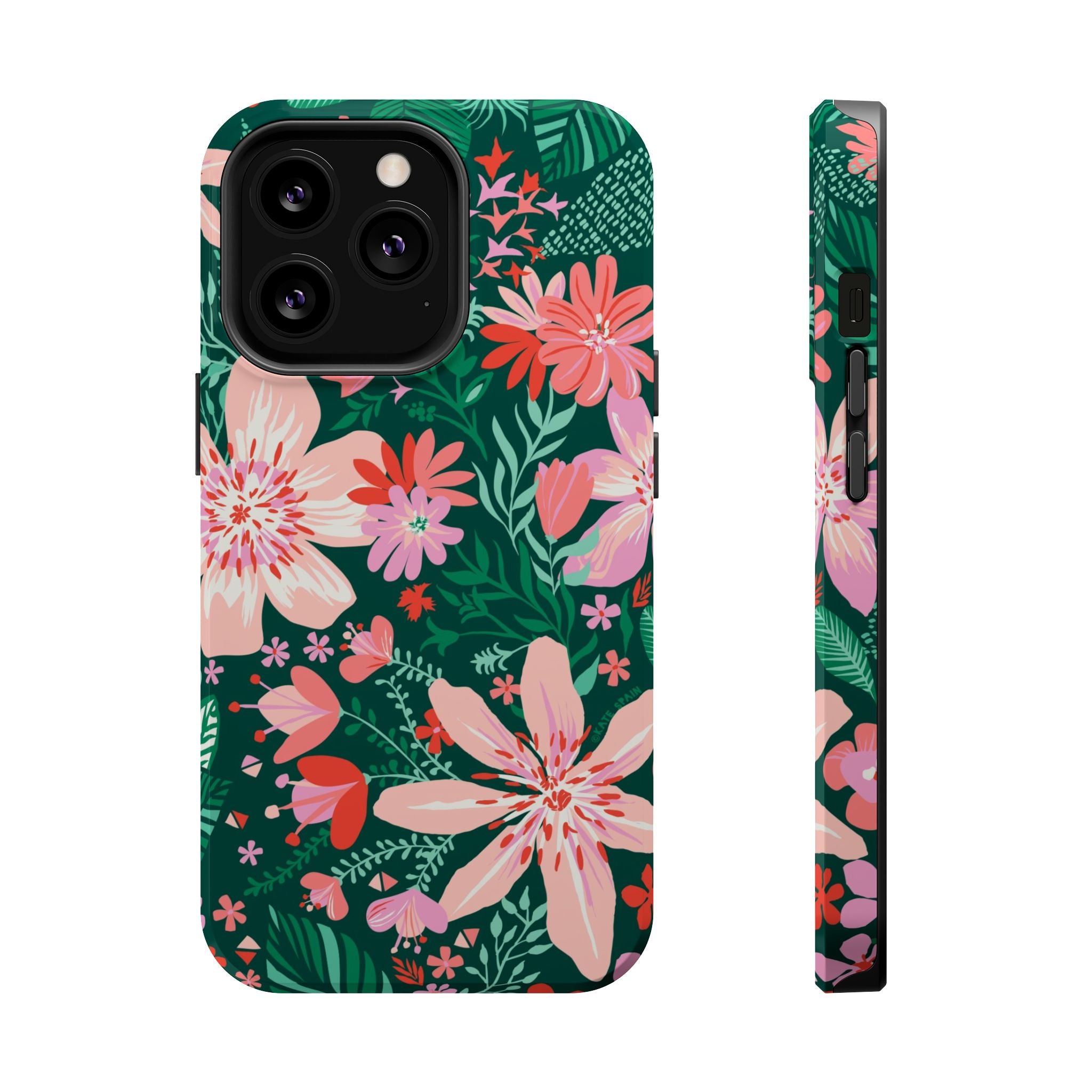 Bonaire MagSafe iPhone 13 Pro Case – Glossy | forest green, blush, coral tropical floral print