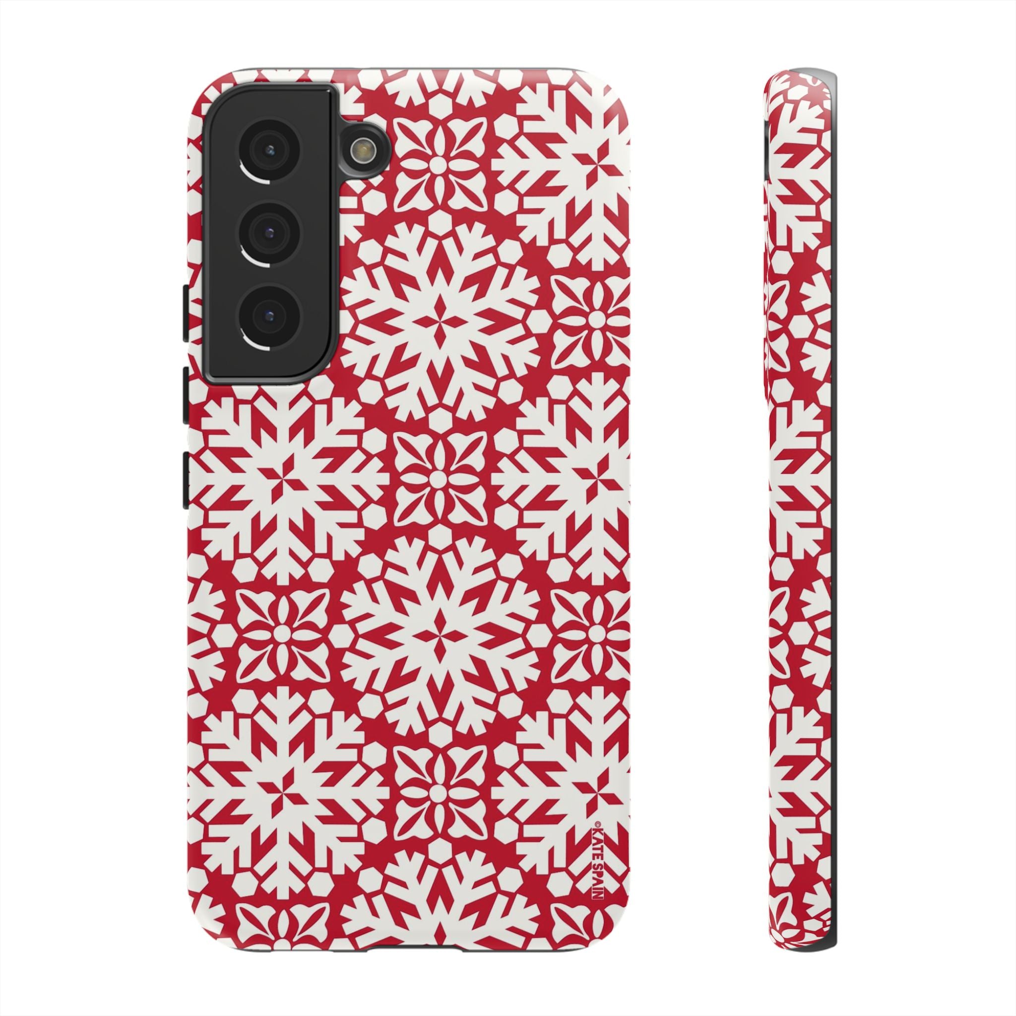 Flurry Samsung Galaxy S22 Case – Matte | white, red geometric snowflake tile print