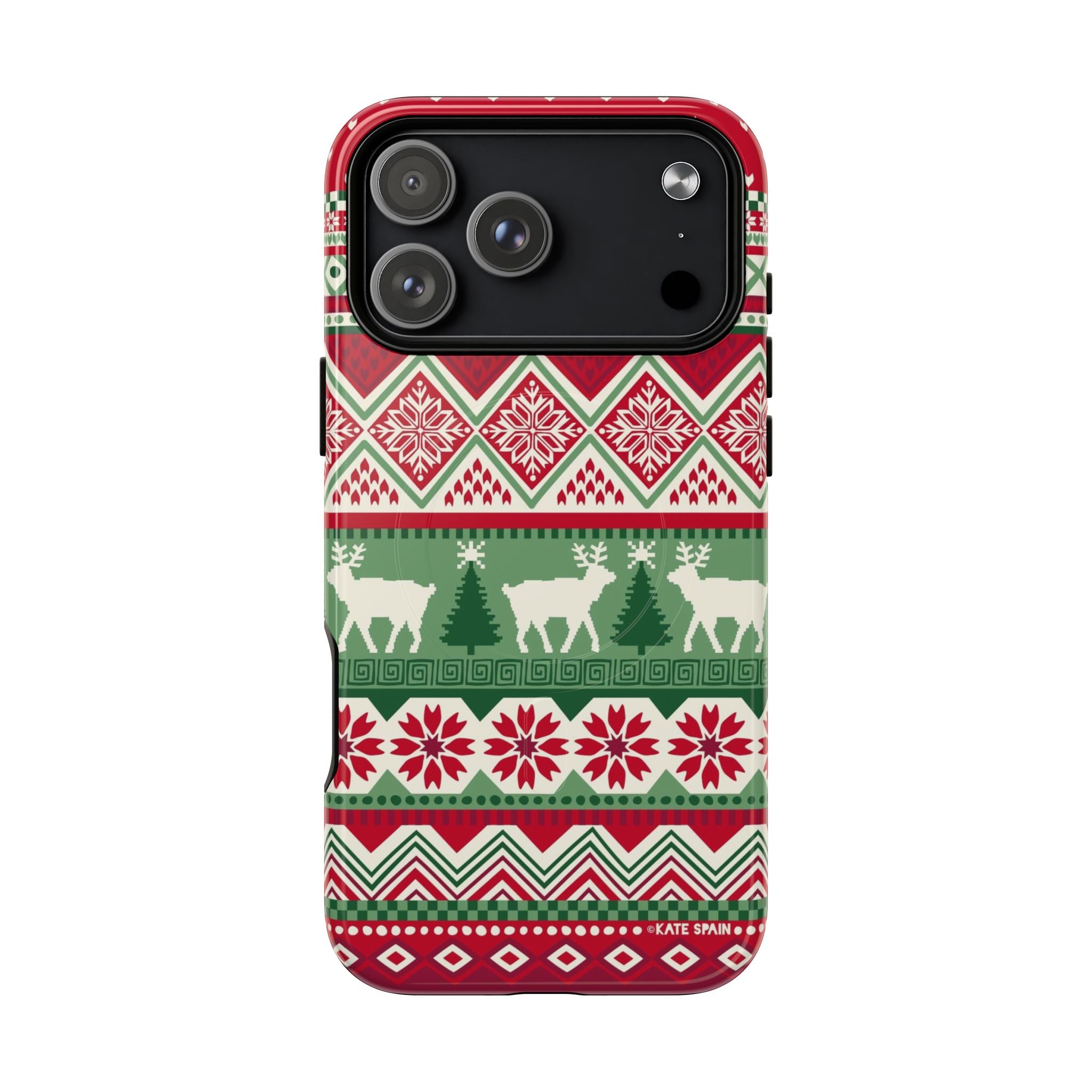 Telemark MagSafe iPhone 17 Pro Max Case – Glossy | red, green, and cream fair isle Christmas sweater print with snowflakes, reindeer, and trees