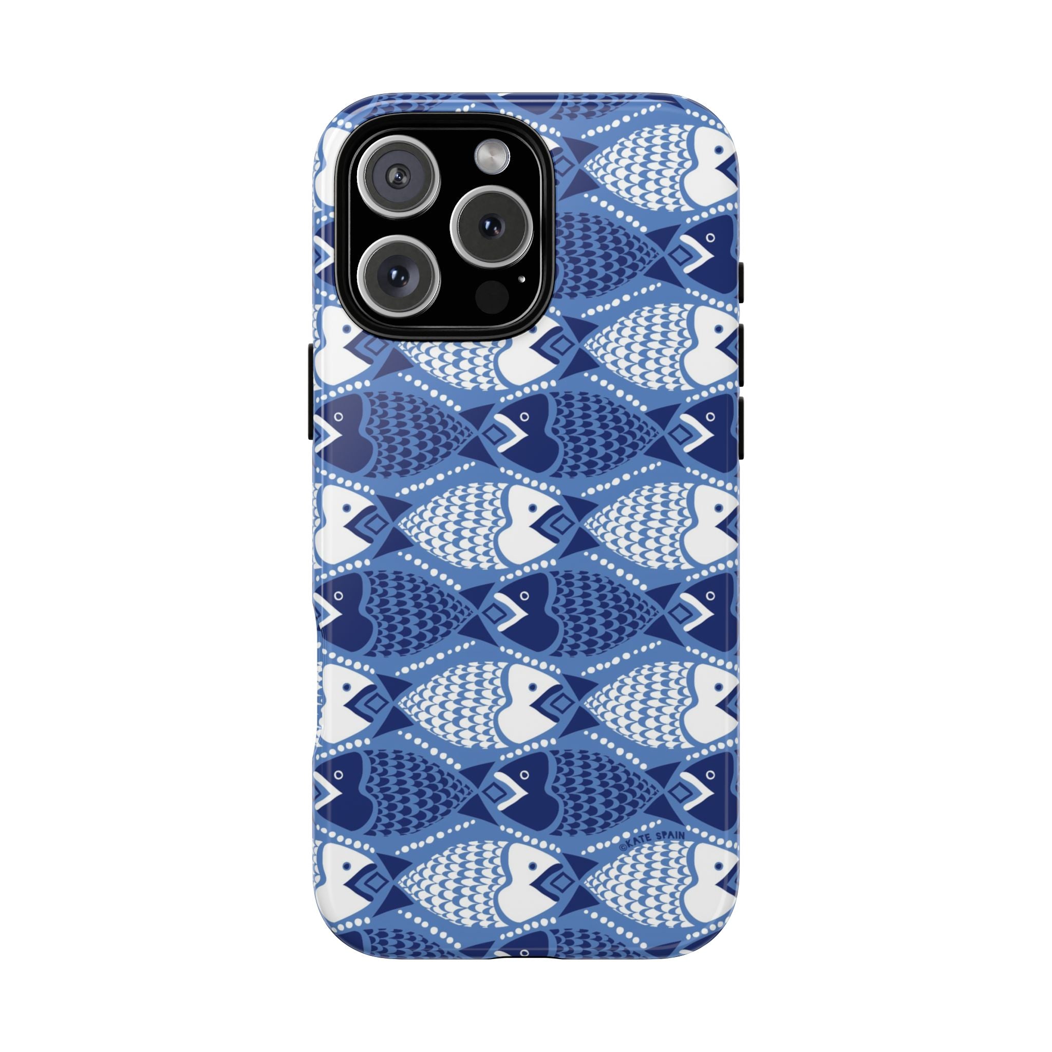 Catch of the Day Tough iPhone 16 Pro Case – Matte | navy, blue, white geometric fish print