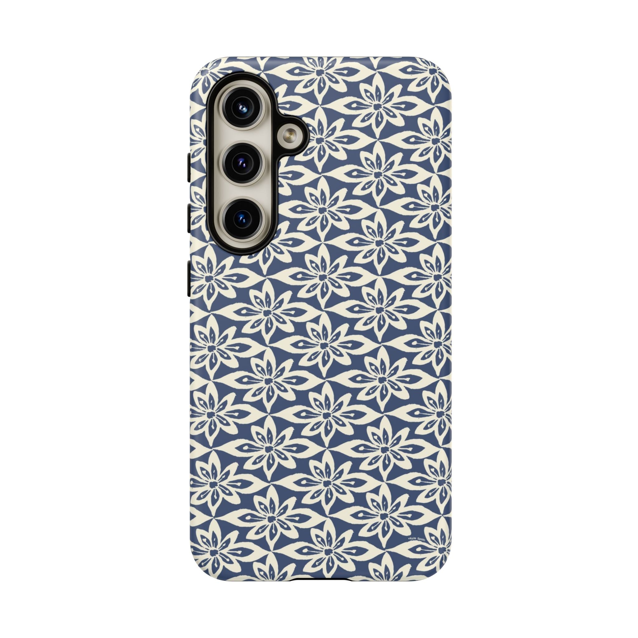 Lily Navy Blue Samsung Galaxy S24 Matte case — graphic white lily print on deep navy — botanical phone case by Kate Spain