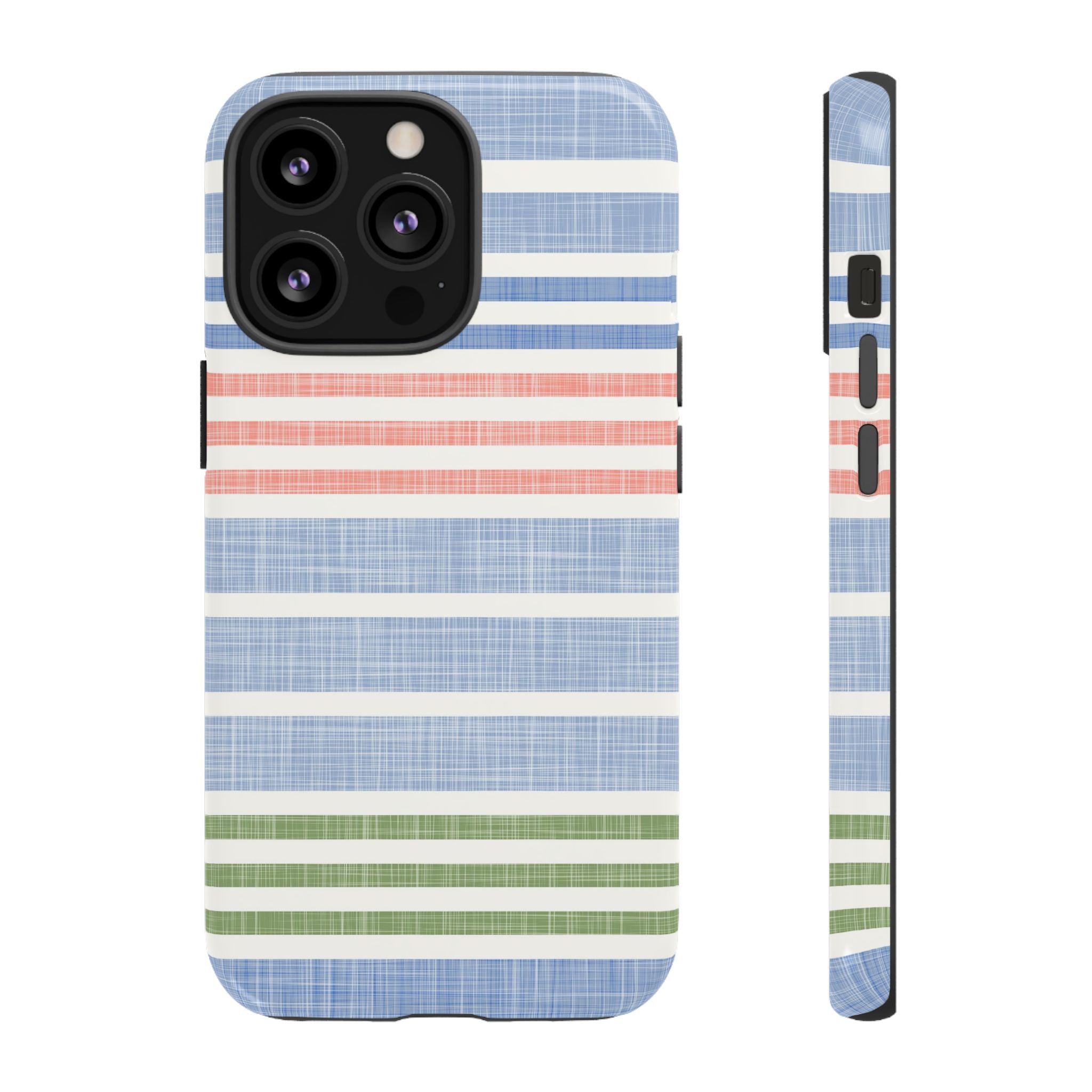 Cabana Stripe Pastel Tough iPhone 13 Pro Case – Glossy | soft blue, coral, sage green chambray-textured stripe print dual-layer protection
