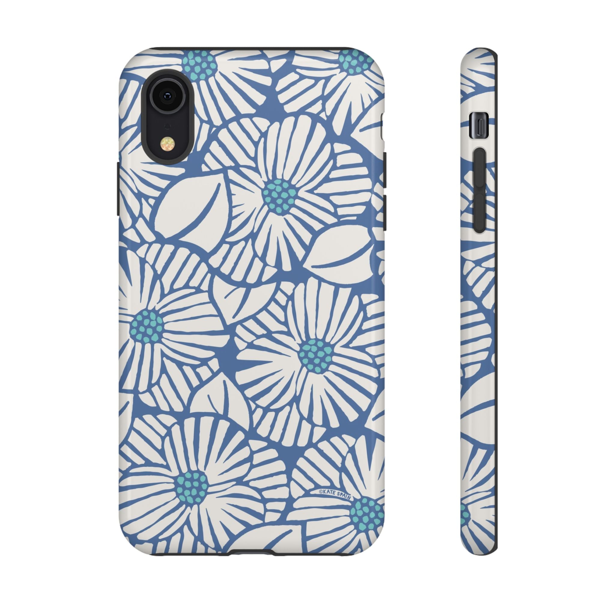 Calendula Tough iPhone XR Case – Glossy | periwinkle, cream, teal graphic daisy floral print