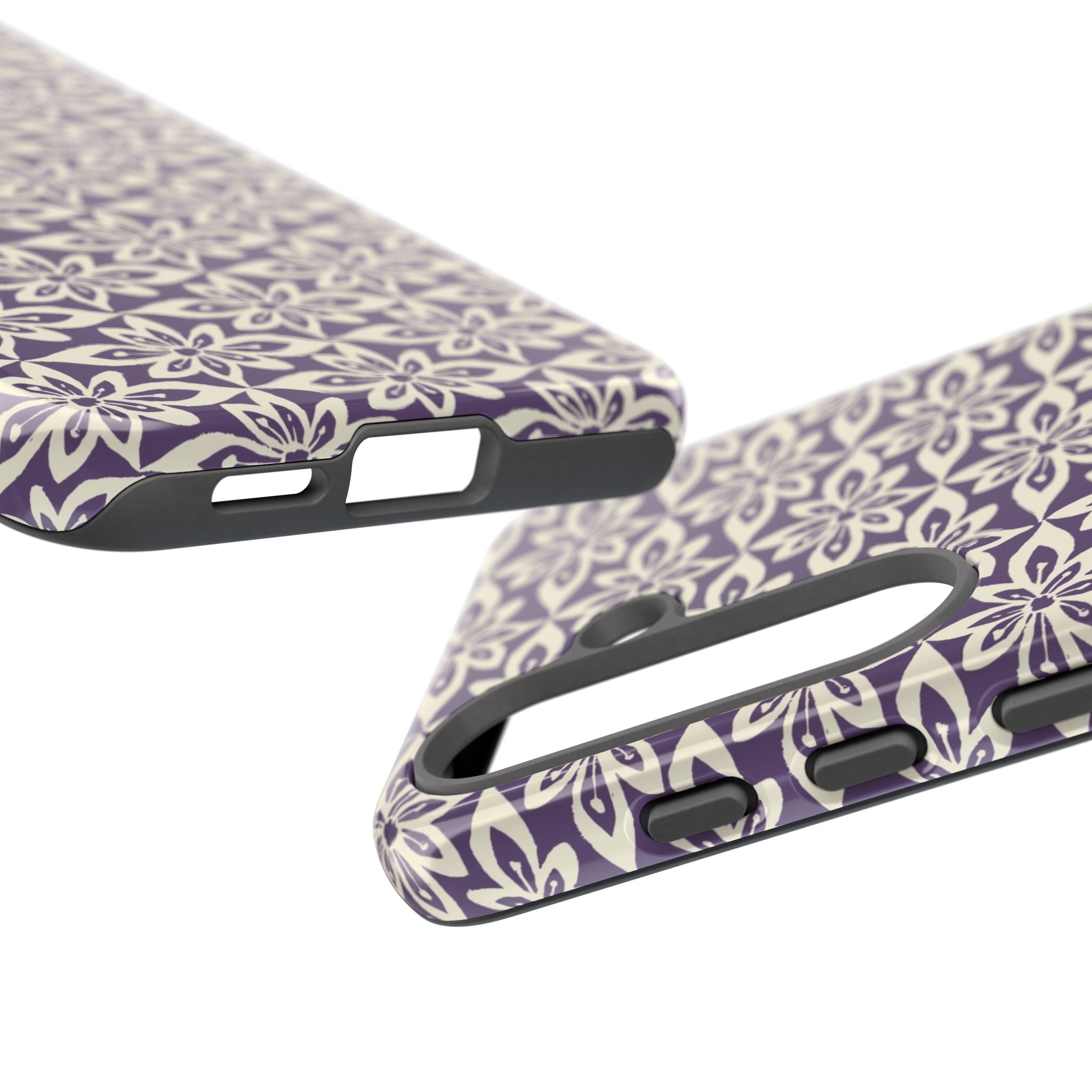 Lily Plum Samsung Galaxy S25 Glossy case — dual view showing ports, camera cutout, and buttons — graphic white lily on rich violet by Kate Spain