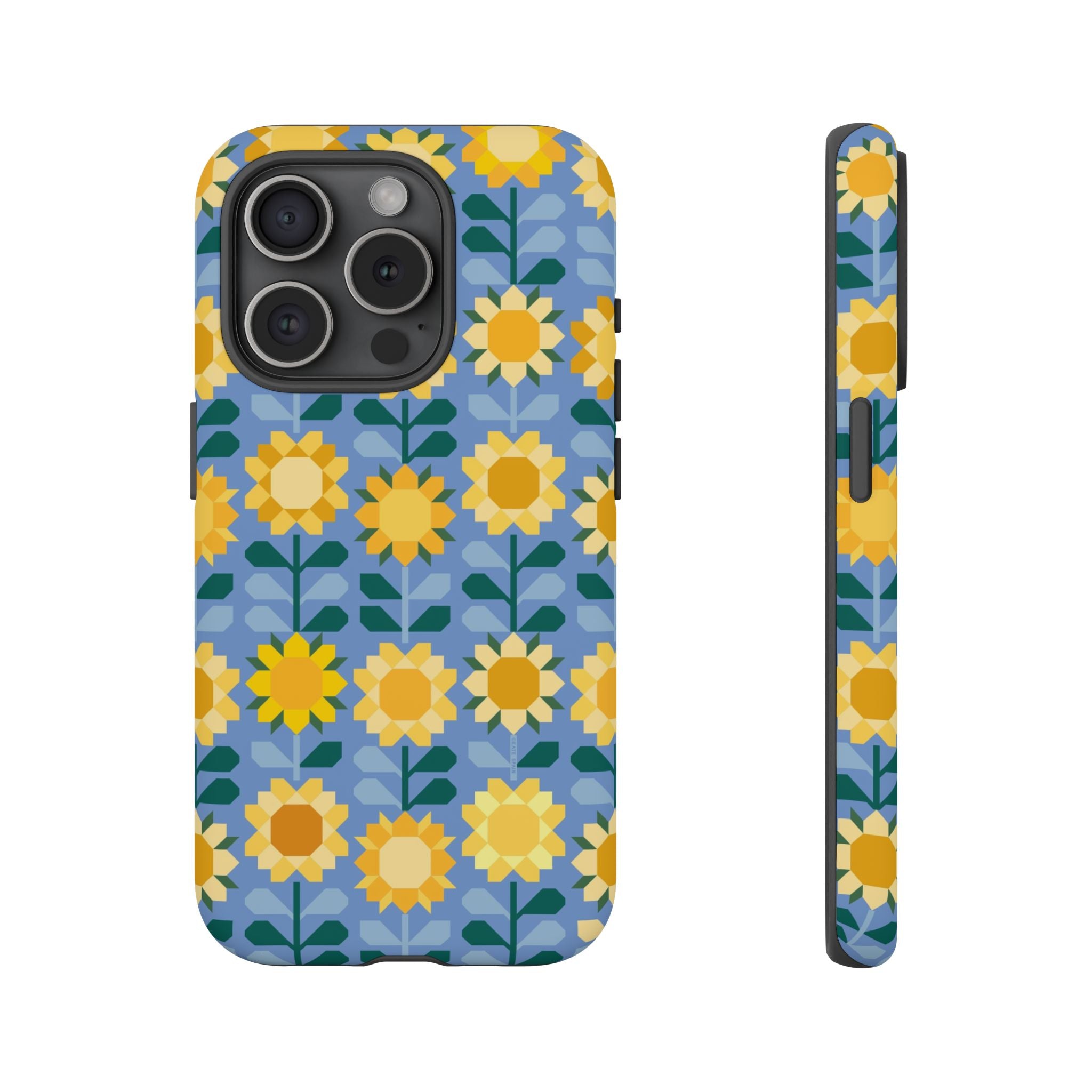 Sunflowers Tough iPhone 15 Pro Case – Matte | blue, yellow, gold geometric sunflower print
