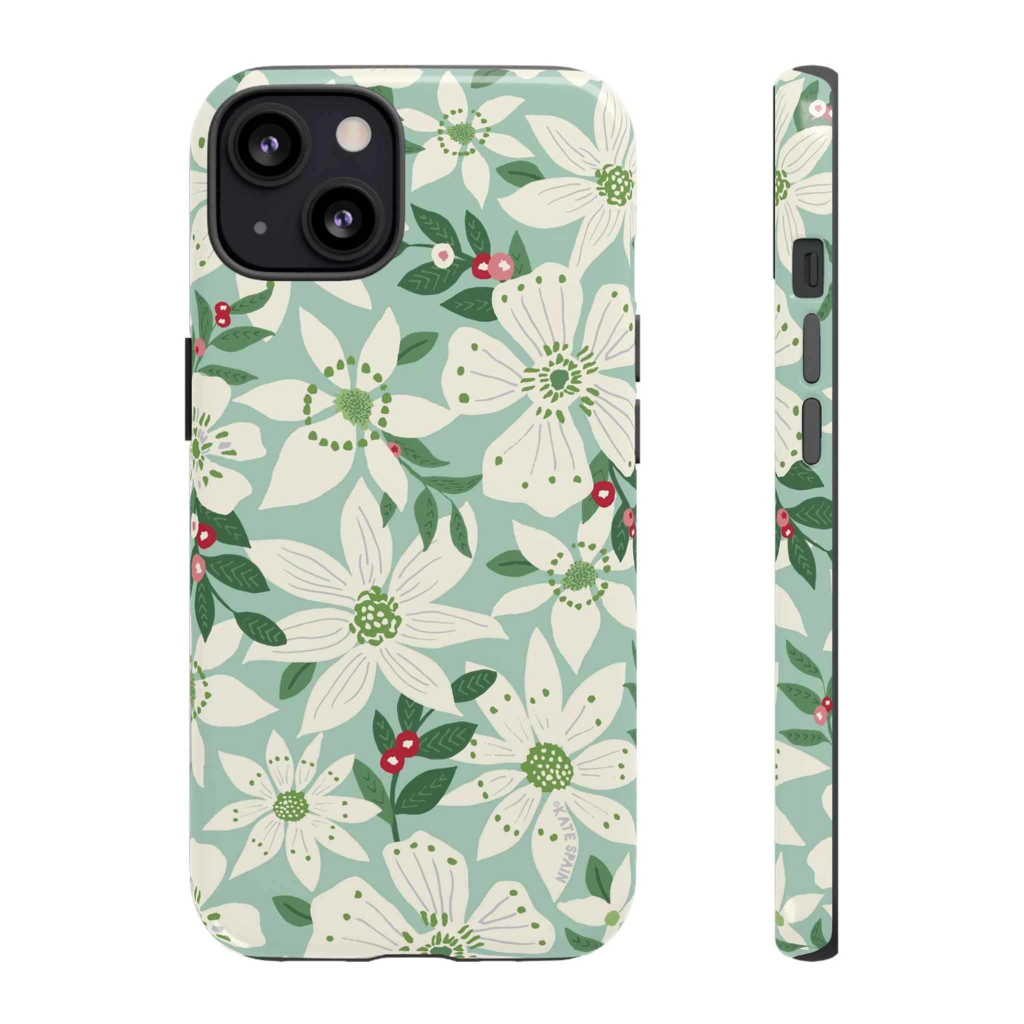 Gardenia Tough iPhone 13 Case – Matte | light blue, white, green, red gardenia botanical print