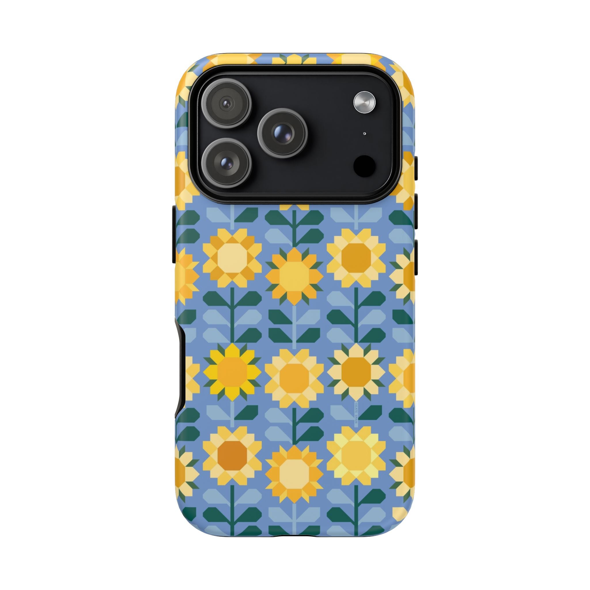 Sunflowers Tough iPhone 17 Pro Case – Matte | blue, yellow, gold geometric sunflower print