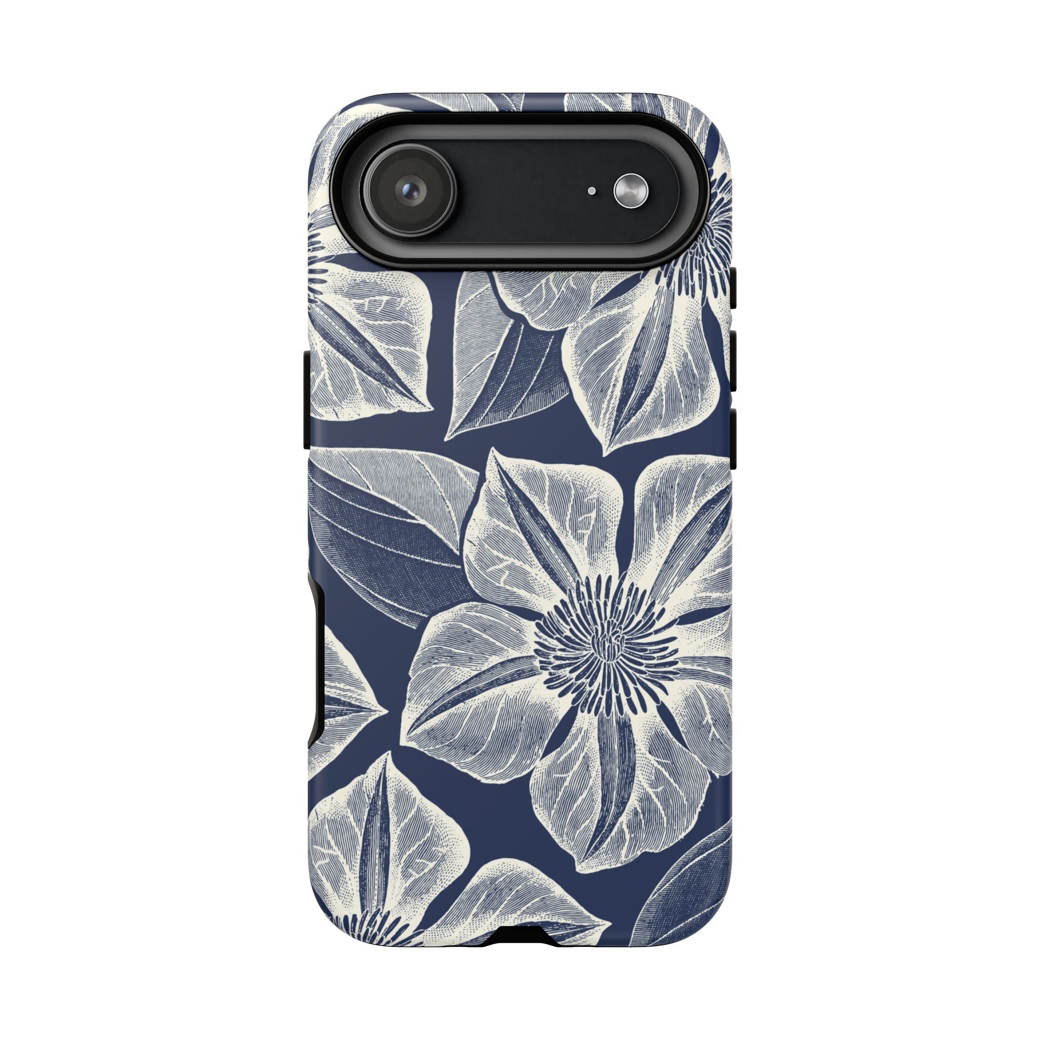 Vintage Bloom Navy iPhone 17 Air case – Matte | navy ground, large-scale cream clematis print, engraved petal detail, dual-layer protection