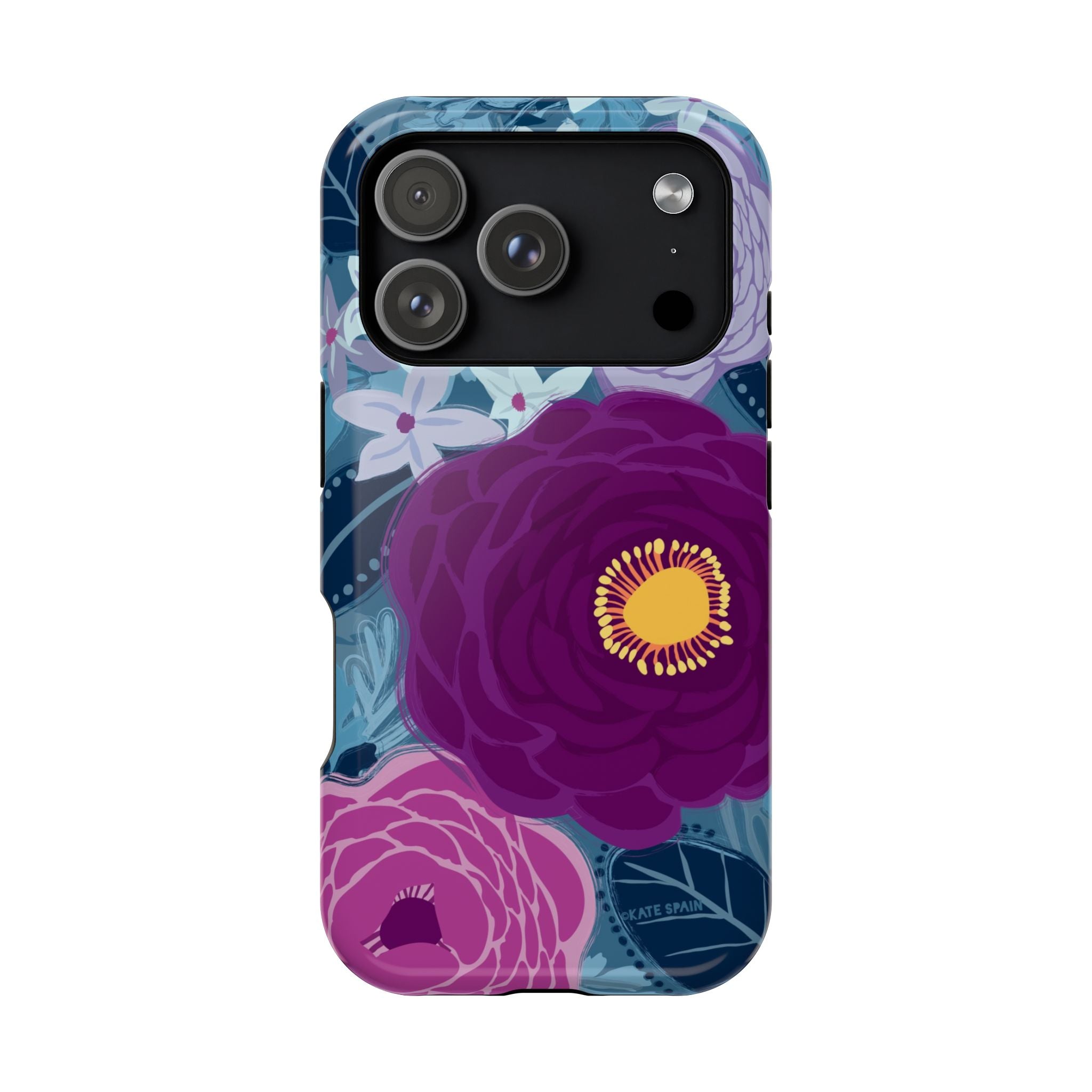 Bloomerie MagSafe iPhone 17 Pro Case – Glossy | navy, purple, magenta botanical peony floral print