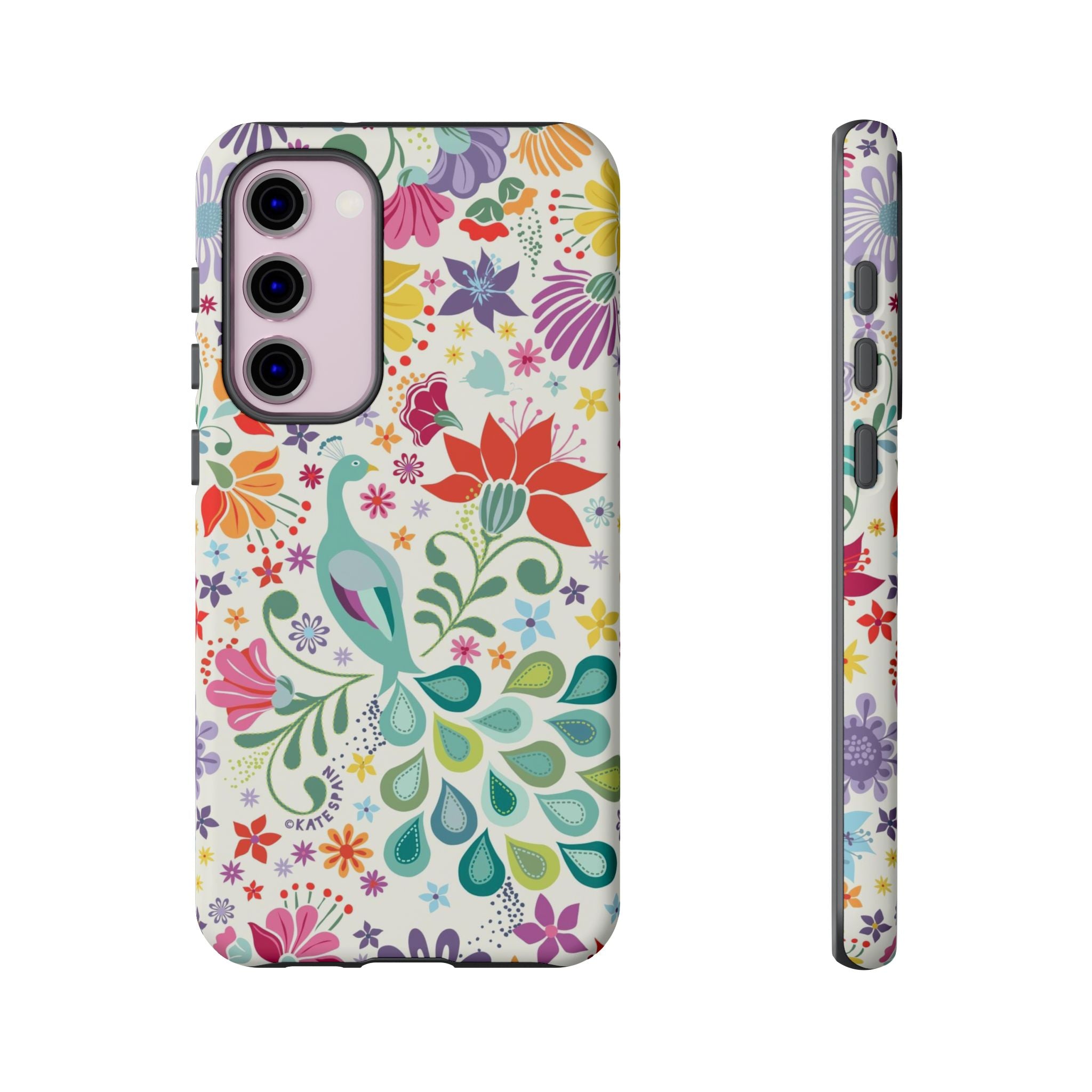 Luxury Peacock Sanctuary Samsung Galaxy S23 Plus Case – Matte | white, teal, coral multicolor vibrant peacock feather botanical print
