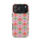Pink Butterfly Tough iPhone 17 Pro Max Case – Glossy | pink, coral, green, cream butterfly floral print