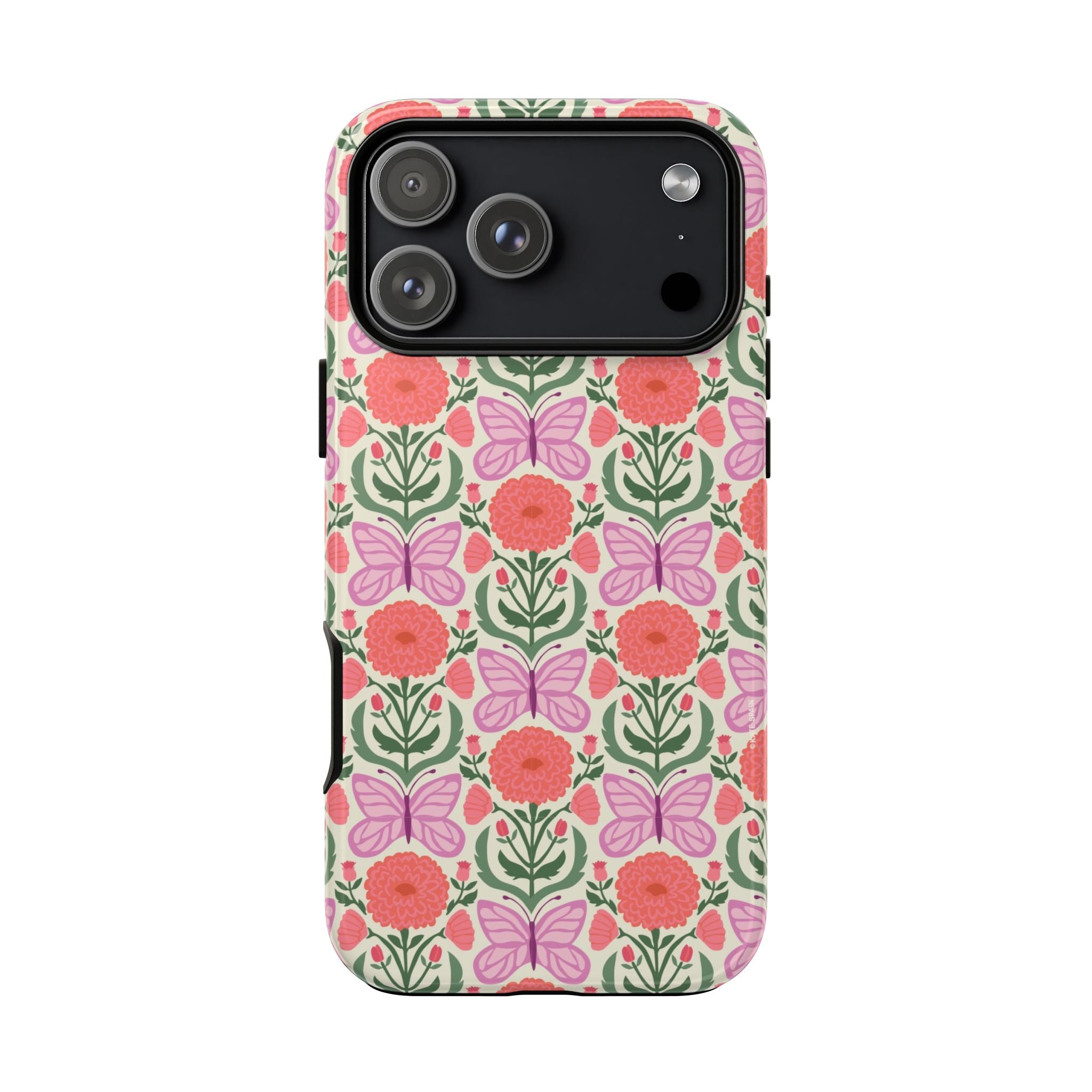 Pink Butterfly Tough iPhone 17 Pro Max Case – Glossy | pink, coral, green, cream butterfly floral print