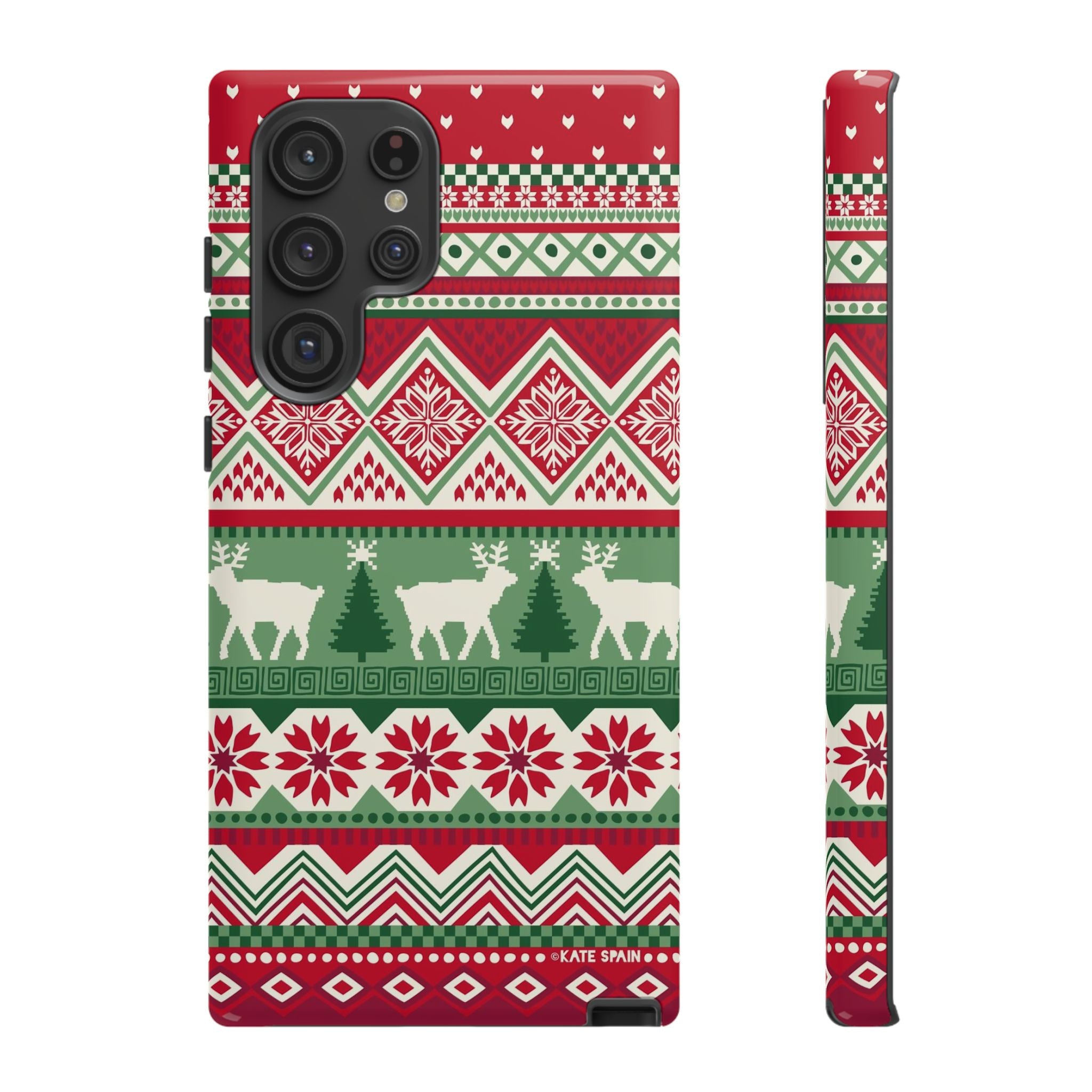 Luxury Telemark Samsung Galaxy S22 Ultra Case – Glossy | red, green, cream Nordic fair isle reindeer print