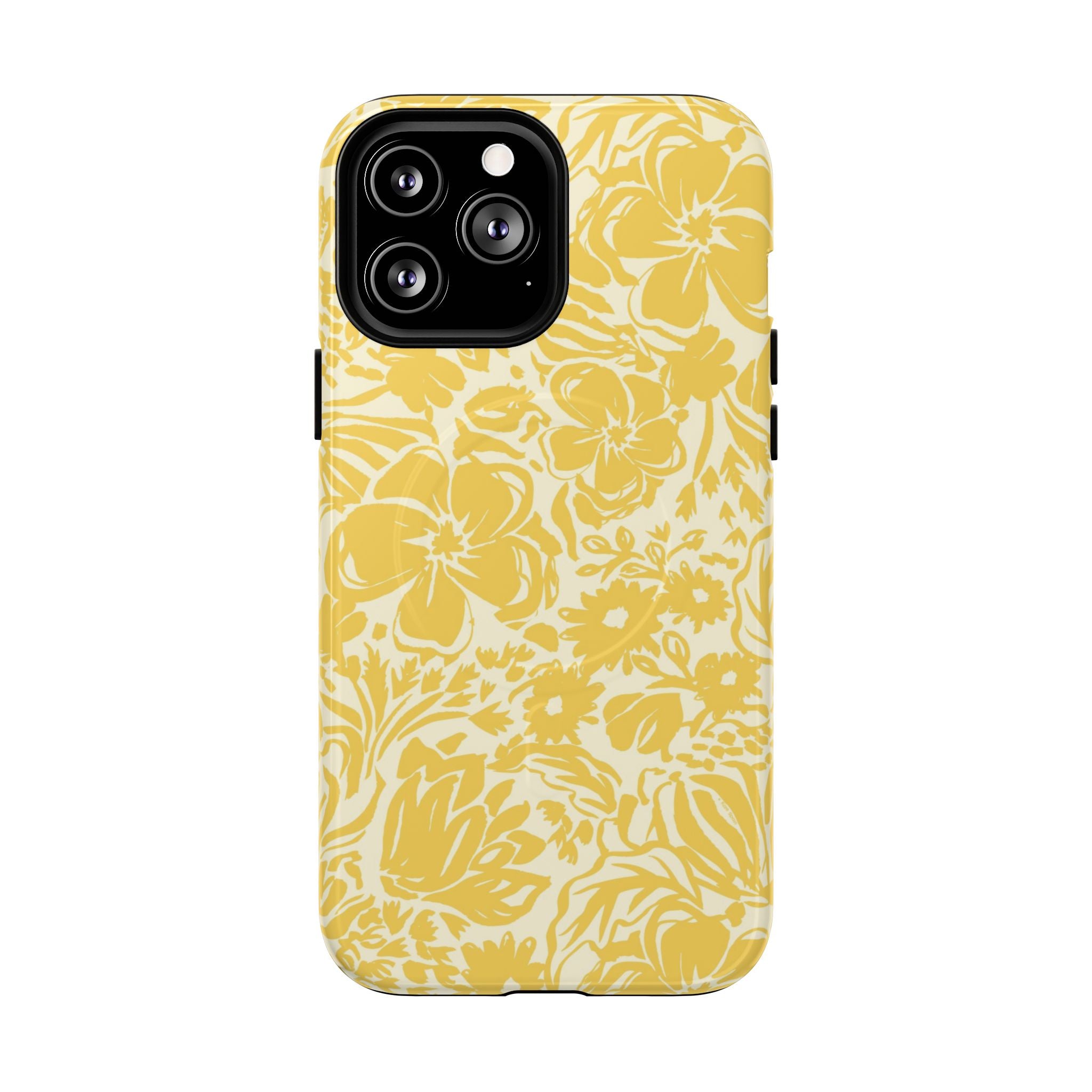 Rhapsody Yellow MagSafe iPhone 13 Pro Max Glossy case — bold golden yellow floral print on cream by Kate Spain