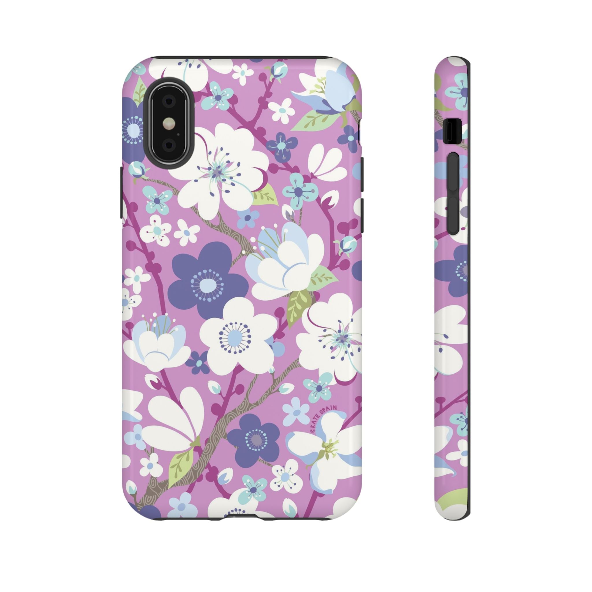 Luxury Cherry Blossom Tough iPhone X Case – Glossy | mauve, purple, blue, white cherry blossom print