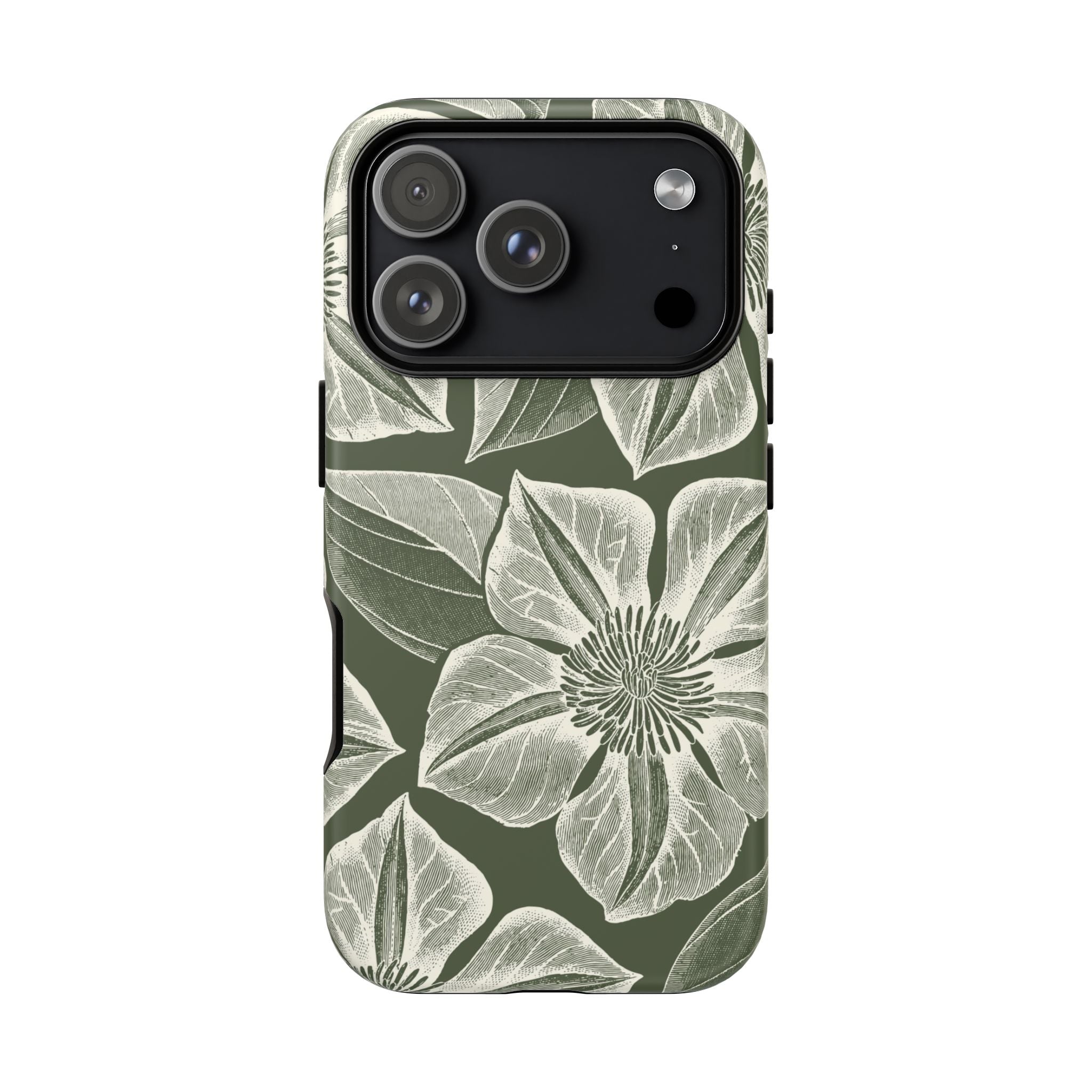 Vintage Bloom Cypress iPhone 17 Pro case – Matte | cypress green ground, large-scale white clematis print, engraved petal detail, dual-layer protection