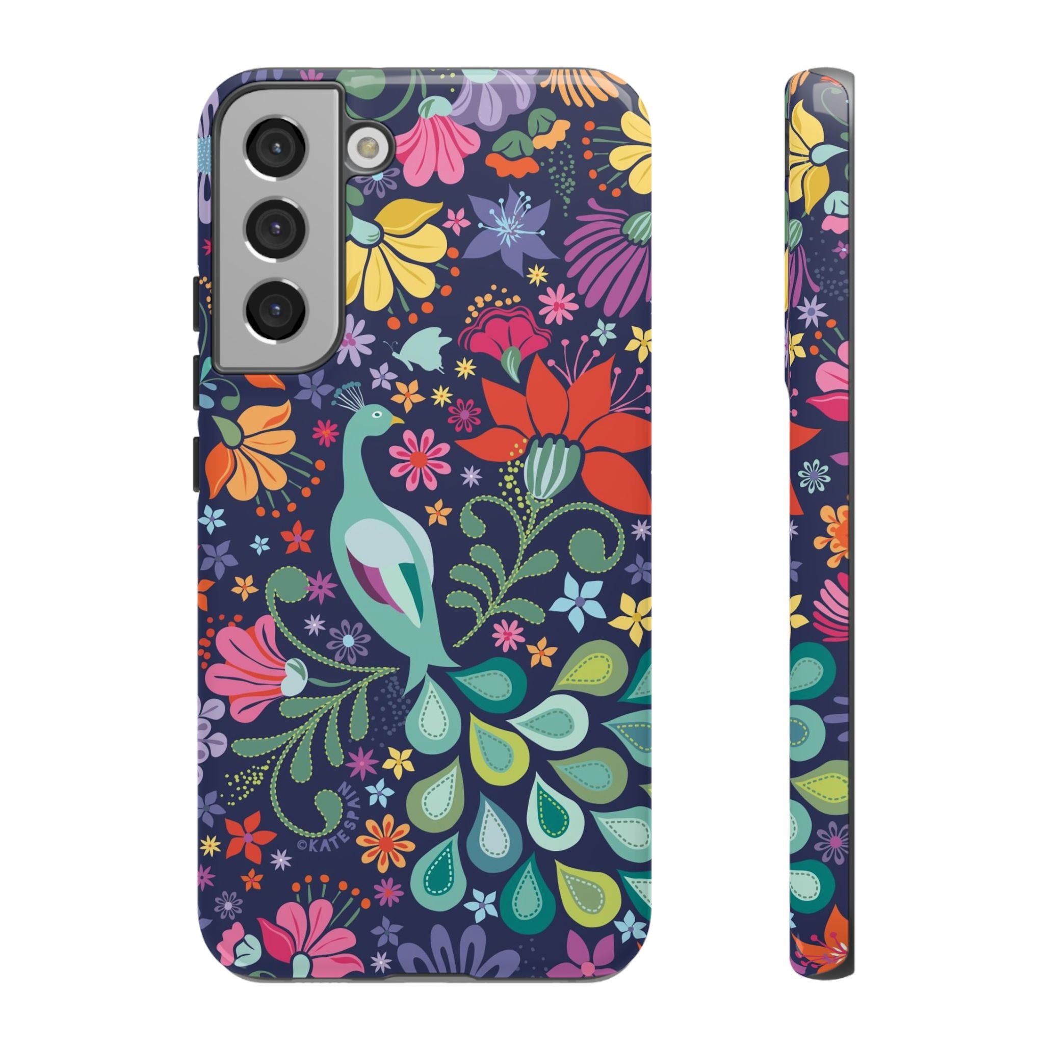 Luxury Peacock Sanctuary Samsung Galaxy S22 Plus Case – Glossy | navy, teal, coral multicolor vibrant peacock feather botanical print