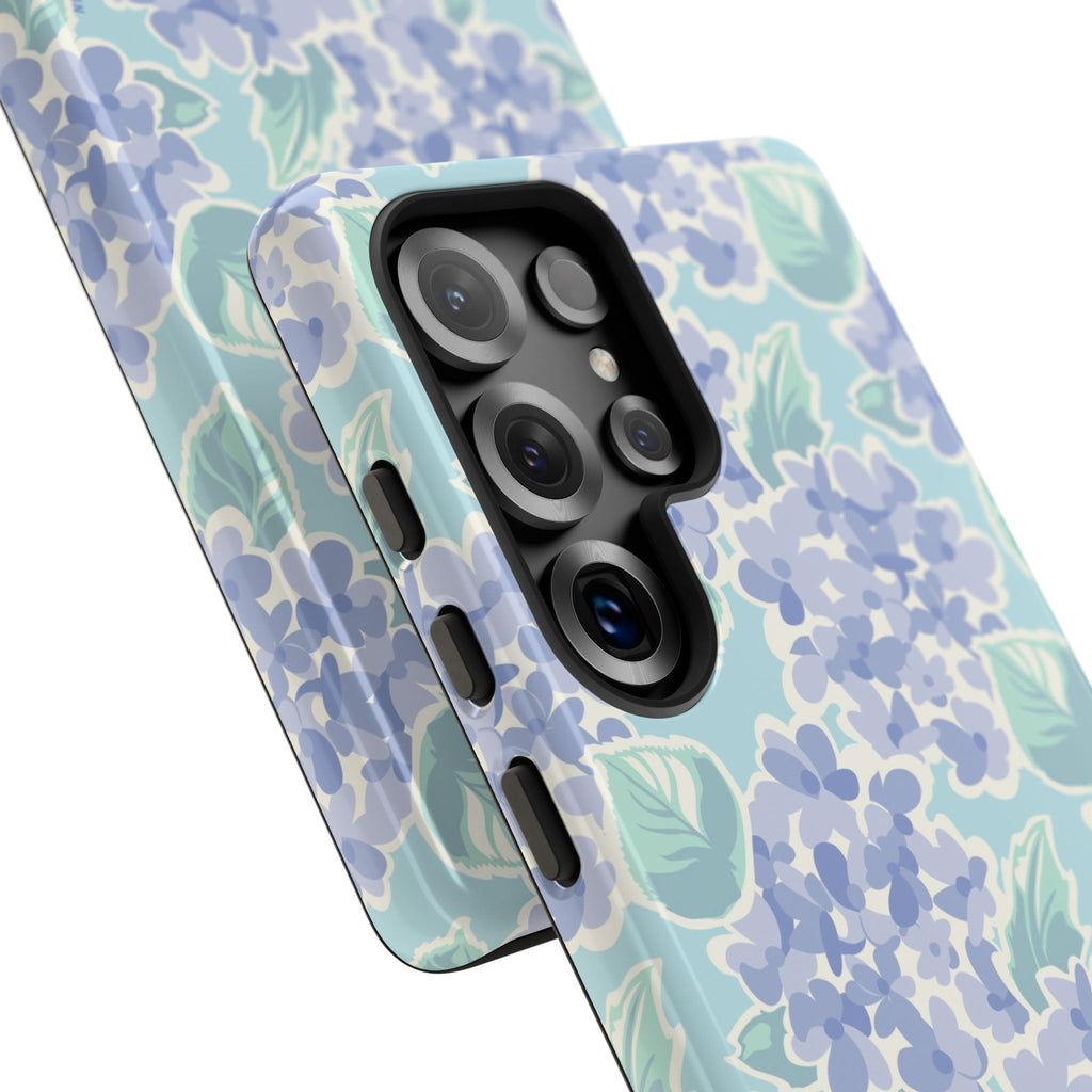 Luxury Nantucket Hydrangea Samsung Galaxy S25 Ultra Case – Glossy | close-up of camera cutout in periwinkle, sky blue, mint hydrangea floral print