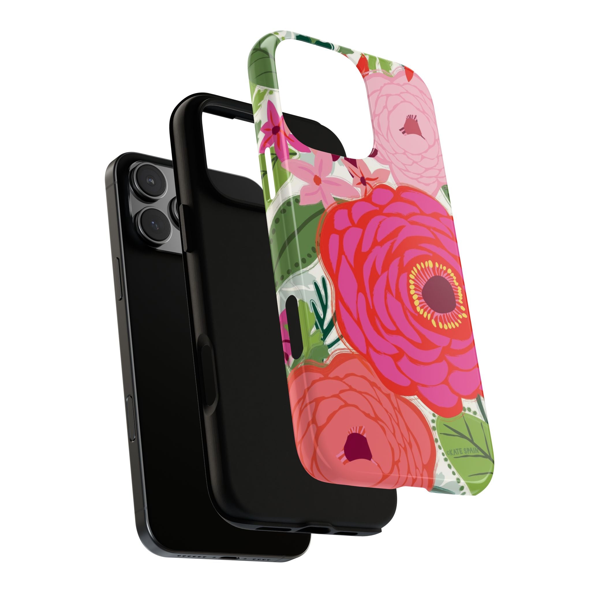 Bloomerie Tough iPhone 16 Pro Max Case – dual-layer construction detail | cream, magenta, coral botanical peony floral print
