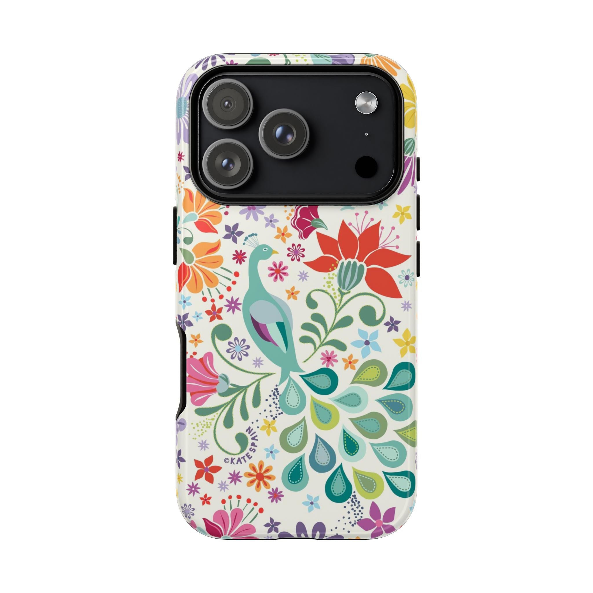 Peacock Sanctuary Tough iPhone 17 Pro Case – Glossy | white, teal, coral multicolor vibrant peacock feather botanical print
