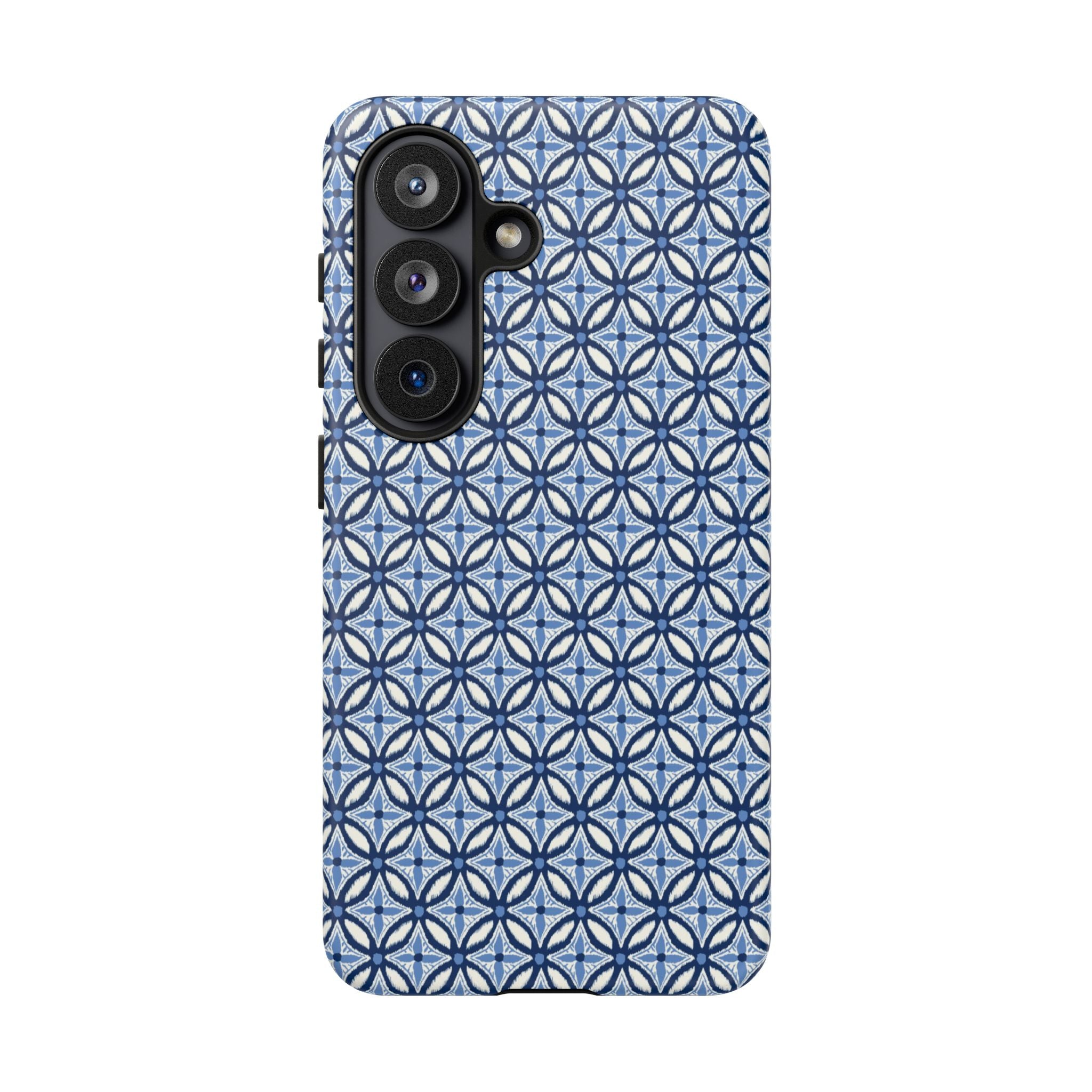Light blue Samsung Galaxy case with navy and periwinkle ikat geometric pattern — botanical phone case by Kate Spain for Floriori
