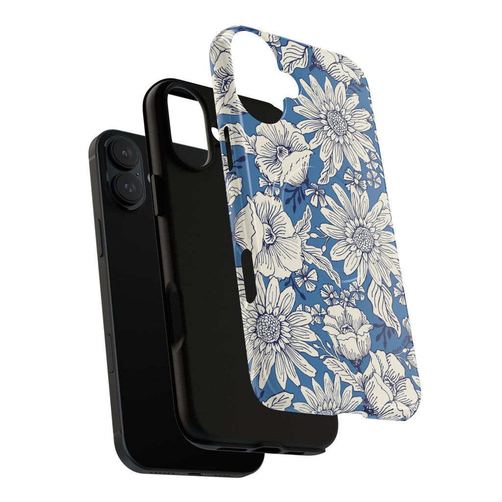 Jardin Blue MagSafe iPhone 17 Case – Dual-layered view of case and inner lining in front of phone, with view of camera cutout and buttons | blue and cream botanical garden print
