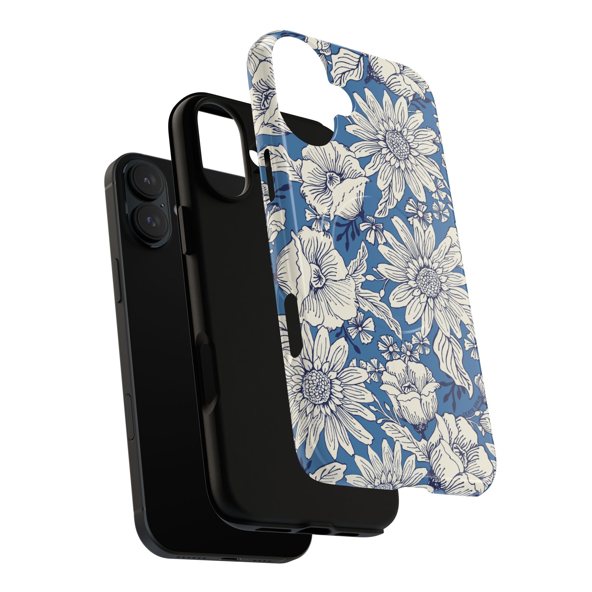 Jardin Blue MagSafe iPhone 17 Case – Dual-layered view of case and inner lining in front of phone, with view of camera cutout and buttons | blue and cream botanical garden print