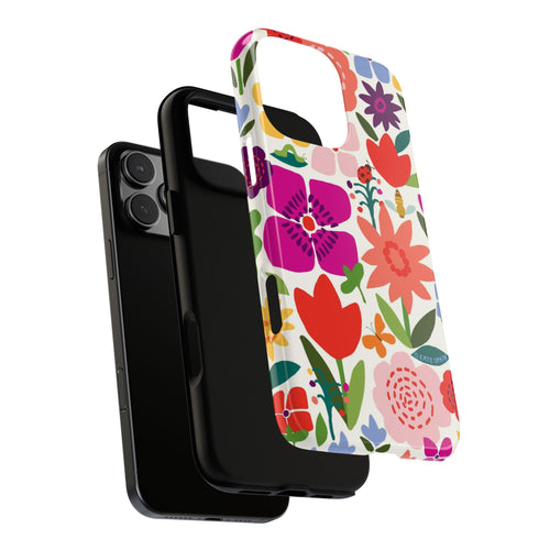 Happy Blooms Tough iPhone 16 Pro Max Case – exploded side view showing dual-layer construction