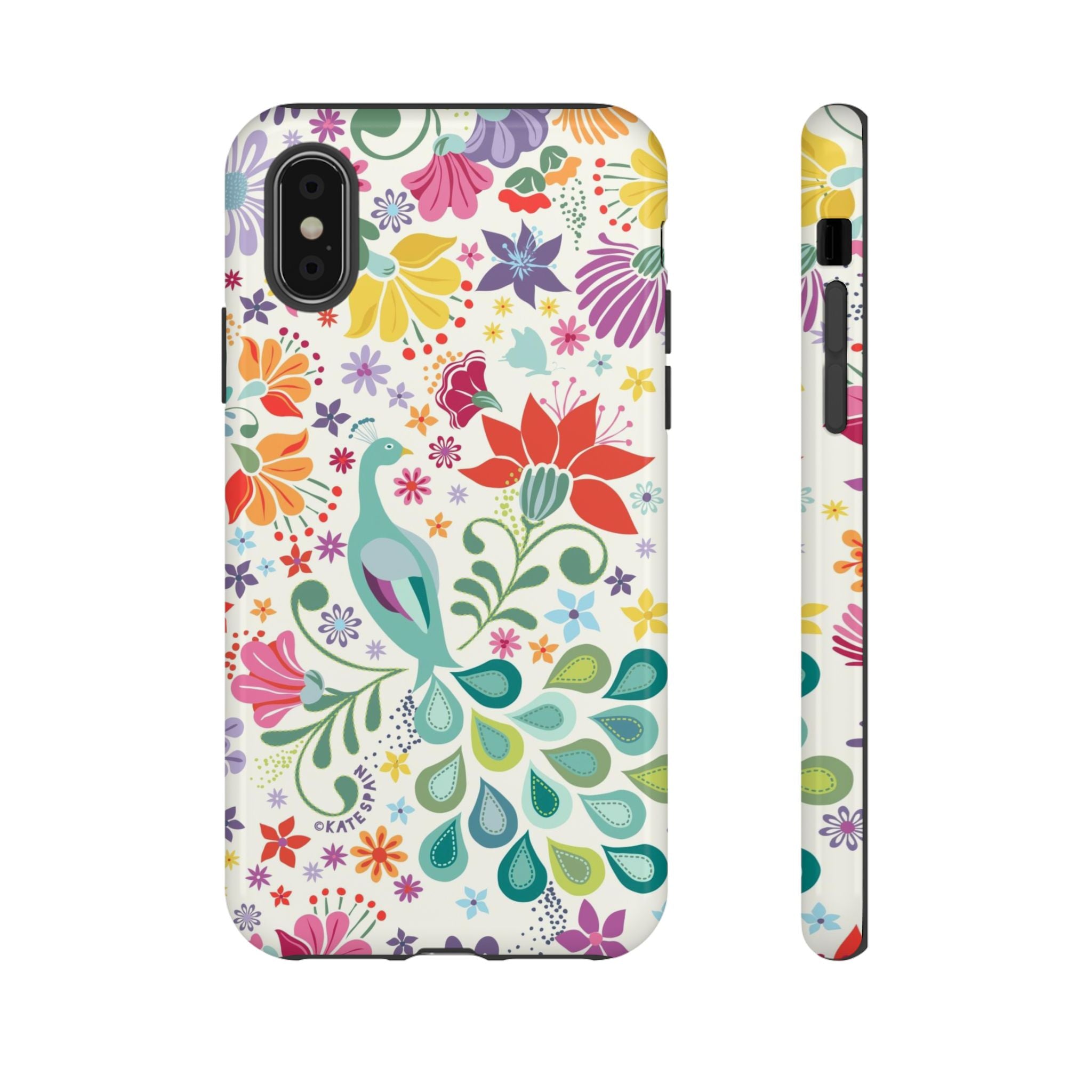 Peacock Sanctuary Tough iPhone X Case – Glossy | white, teal, coral multicolor vibrant peacock feather botanical print