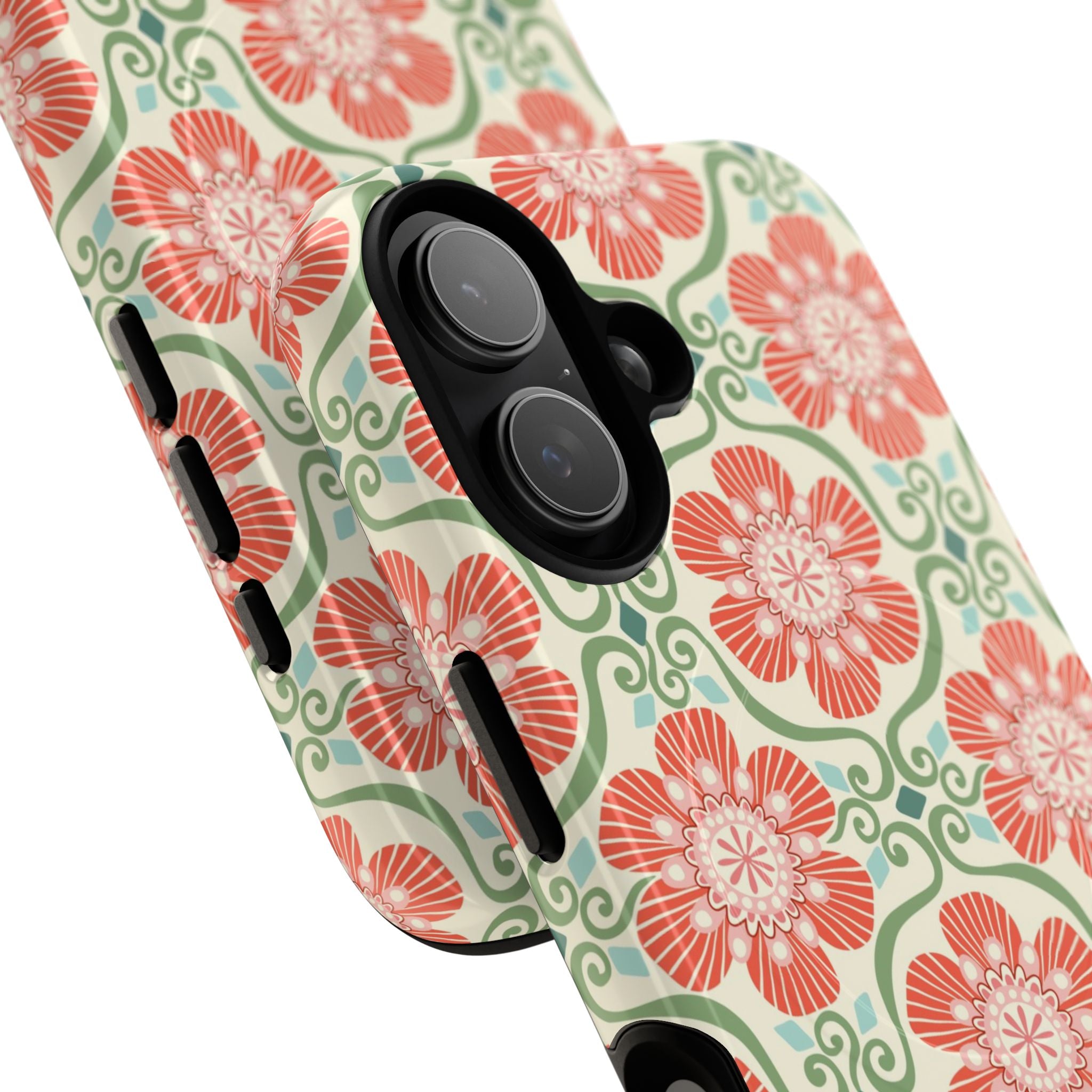 Barcelona Flowers MagSafe iPhone 17 Case – Glossy | cream, coral, sage botanical floral print | angled view closeup of camera cutout and buttons