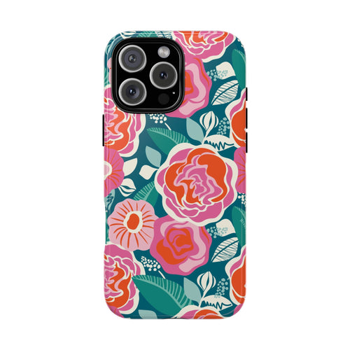 Tea Rose Teal Tough iPhone 16 Pro Max Case – Glossy | teal, coral, pink botanical rose floral print