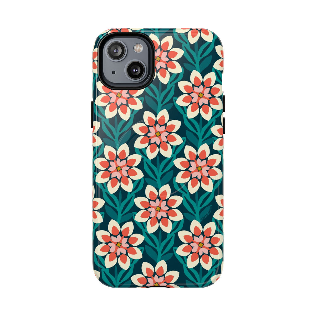 Modern Dahlia MagSafe iPhone 14 Plus Case – Glossy | teal, coral, cream botanical dahlia floral print