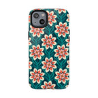 Modern Dahlia MagSafe iPhone 14 Plus Case – Glossy | teal, coral, cream botanical dahlia floral print