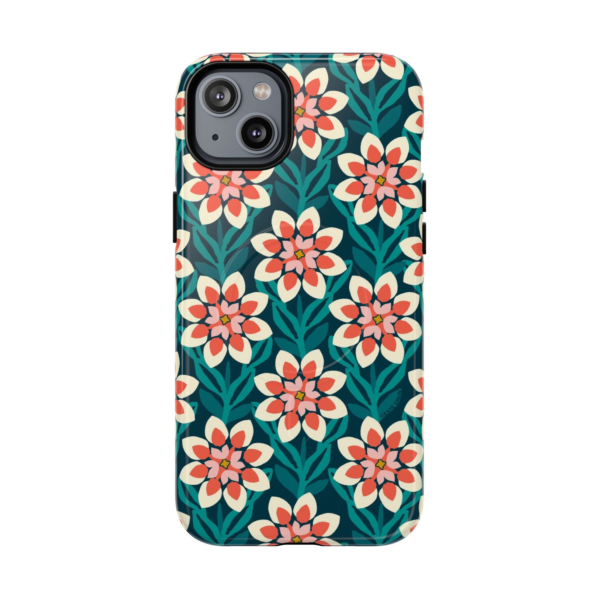 Modern Dahlia MagSafe iPhone 14 Plus Case – Glossy | teal, coral, cream botanical dahlia floral print