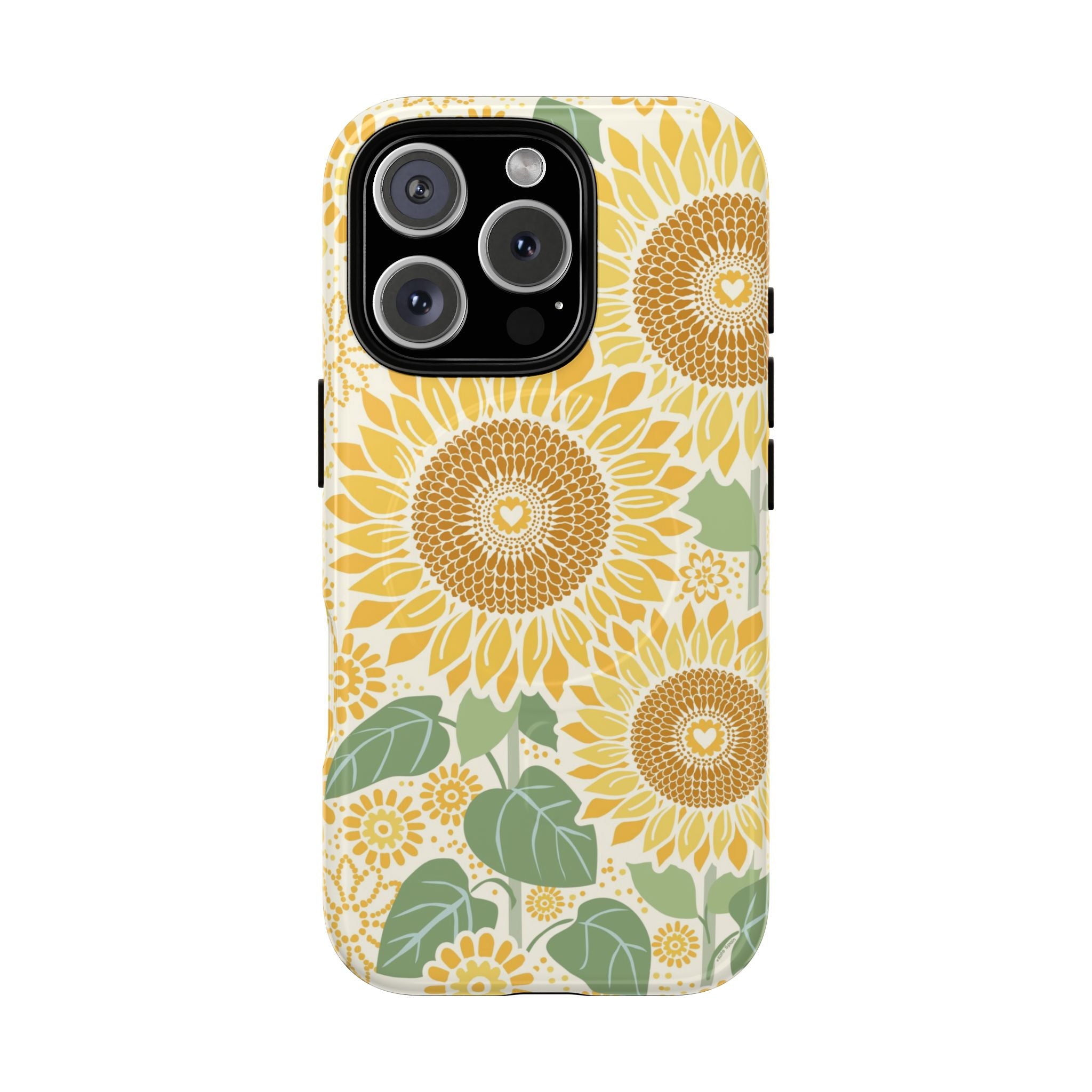 Sunny Sunflower MagSafe iPhone 16 Pro – Glossy | cream ground, large-scale yellow sunflower print, golden seed detail with heart centers, dual-layer protection