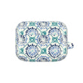 floriori Horizon Blue Tile AirPods case with a navy and teal Moroccan-inspired floral medallion print on white.