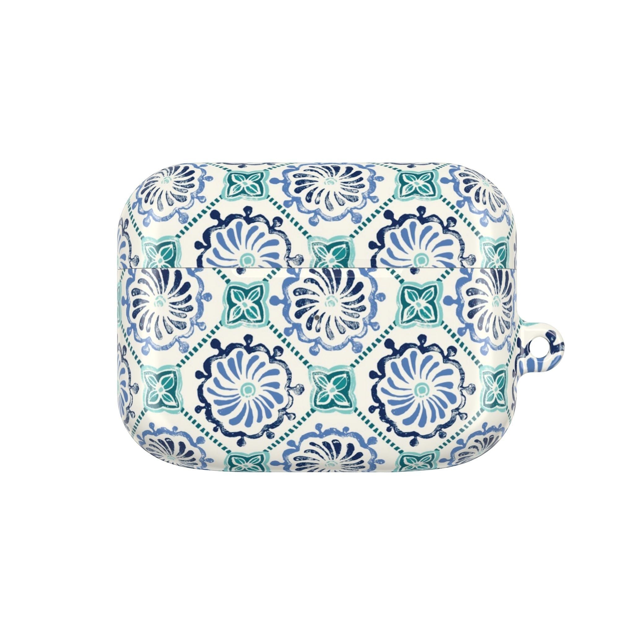 floriori Horizon Blue Tile AirPods case with a navy and teal Moroccan-inspired floral medallion print on white.